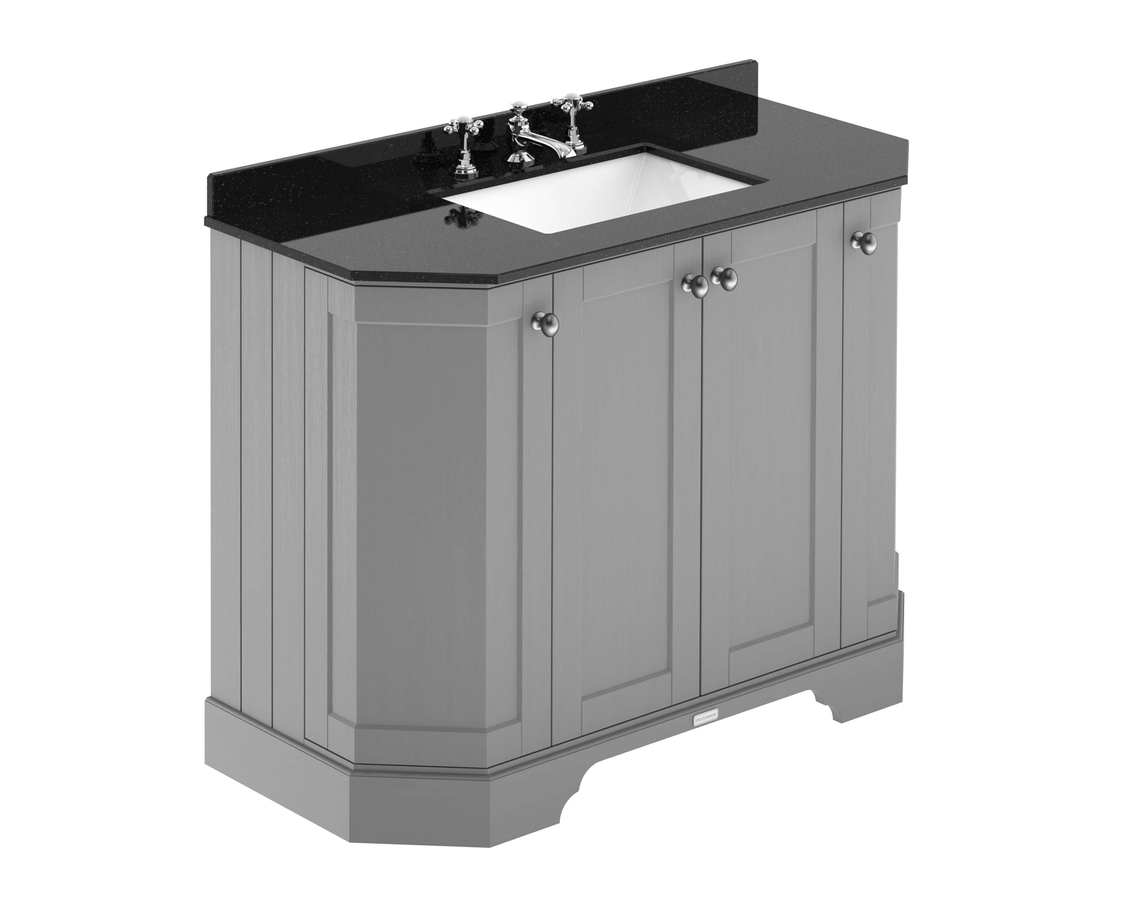 Shaker-style grey bathroom vanity with black countertop and undermount sink, traditional bathroom cabinetry design.