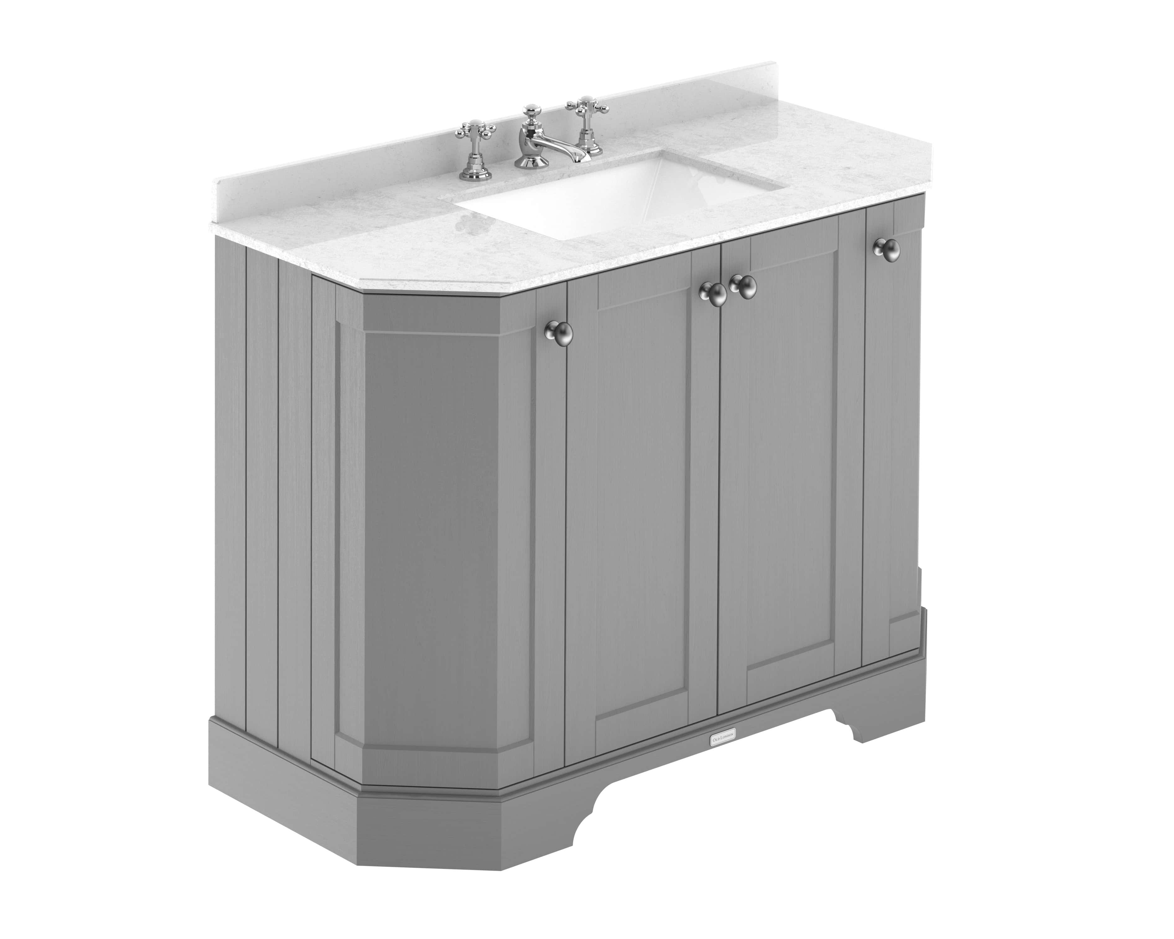 Polished grey bathroom vanity with marble countertop and inset sink, traditional design with turned knobs, ideal for classic bathroom decor.