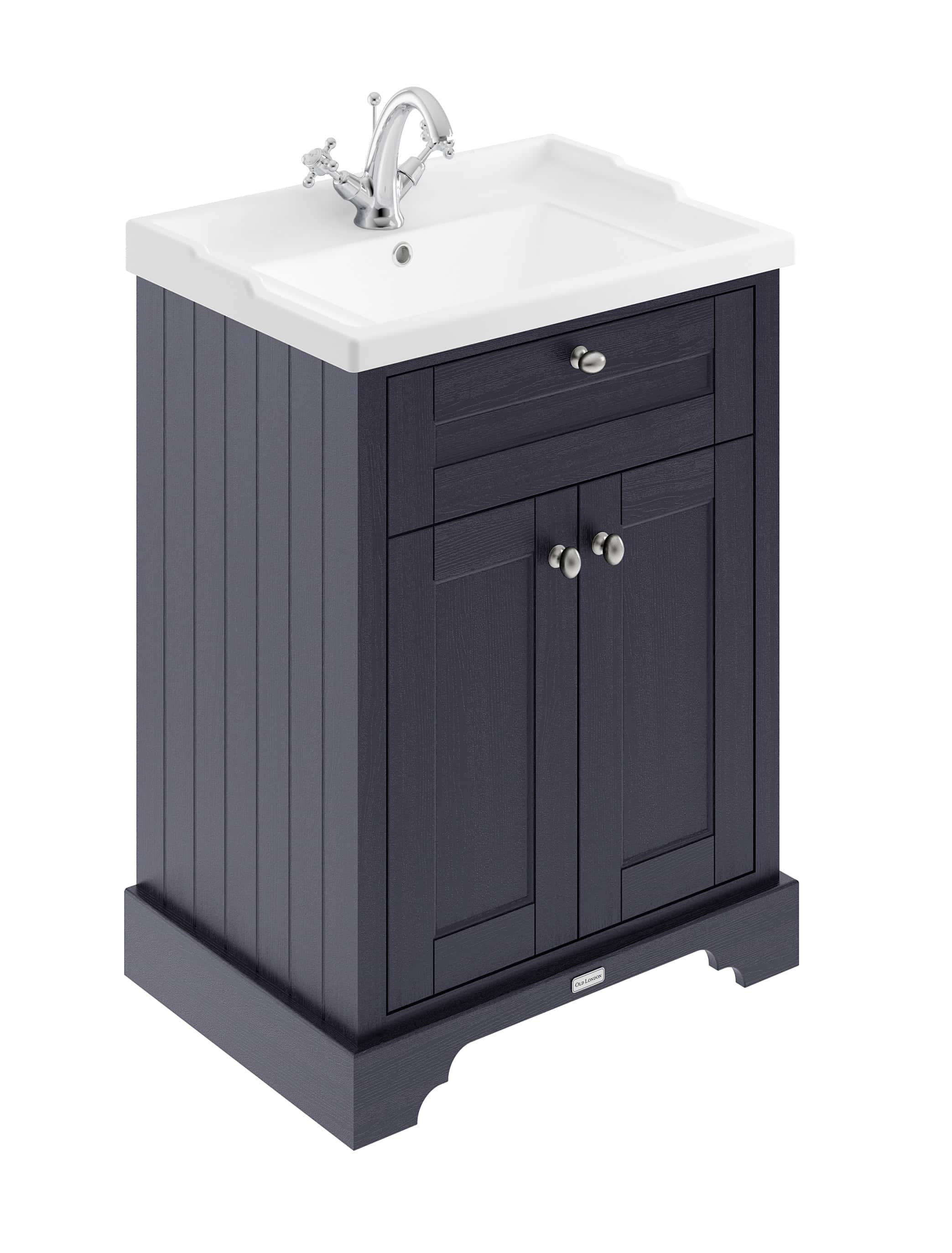 Polished dark blue bathroom vanity with white ceramic sink and chrome faucet, ideal for classic and modern bathroom design. Durable wooden finish with storage drawers and cabinet for bathroom essentials.