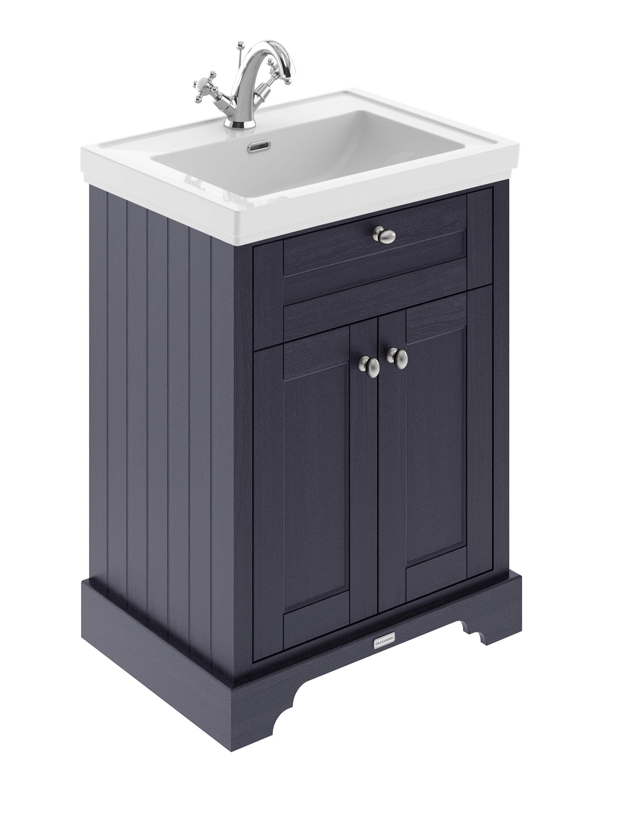Polished bathroom vanity with a ceramic sink and chrome mixer tap, dark navy wood cabinet with multiple storage drawers, ideal for classic and modern bathroom setups.