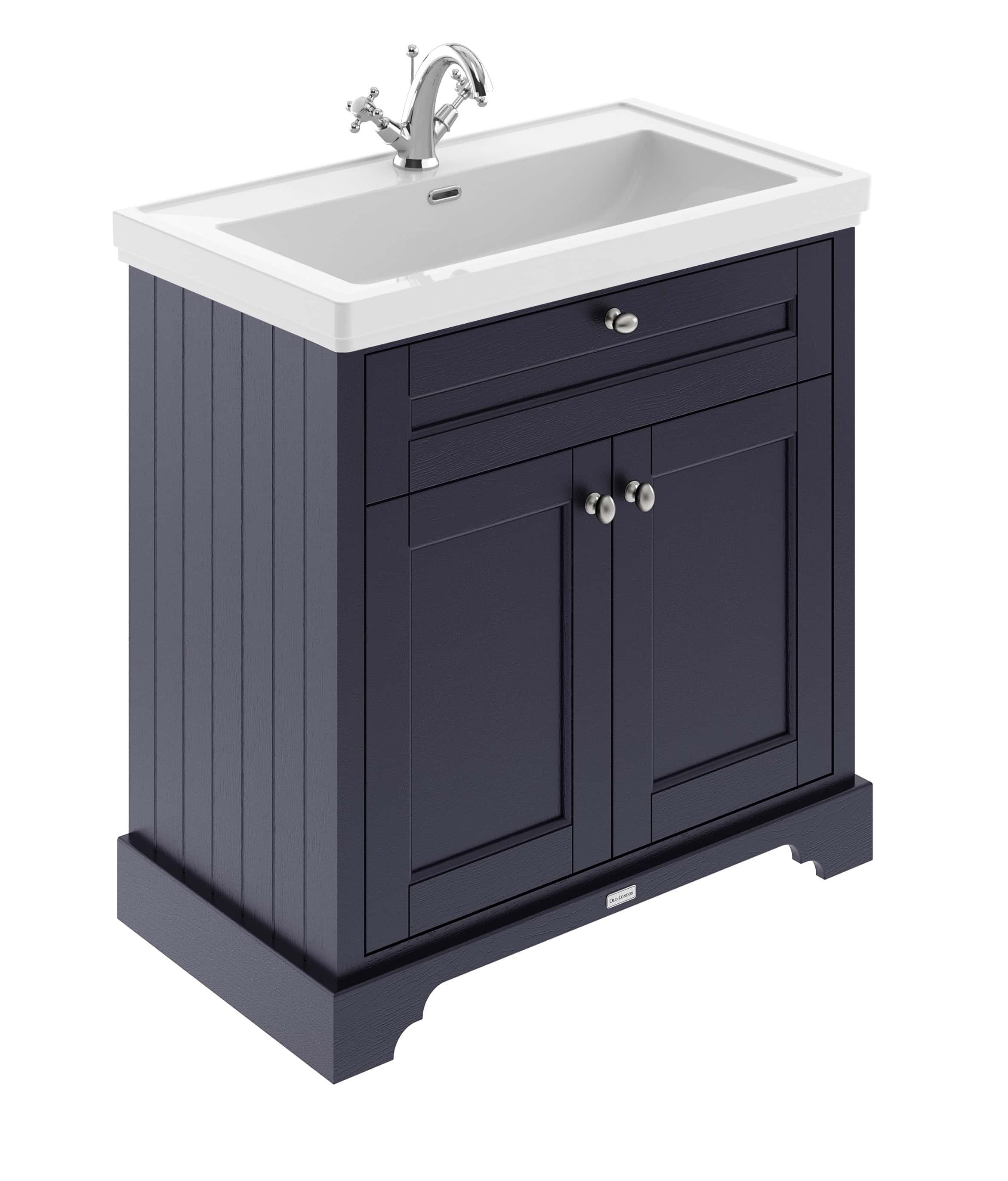 Modern navy blue bathroom vanity with a white ceramic sink and chrome faucet, ideal for contemporary bathroom design. Durable, stylish storage cabinet for bathroom essentials.