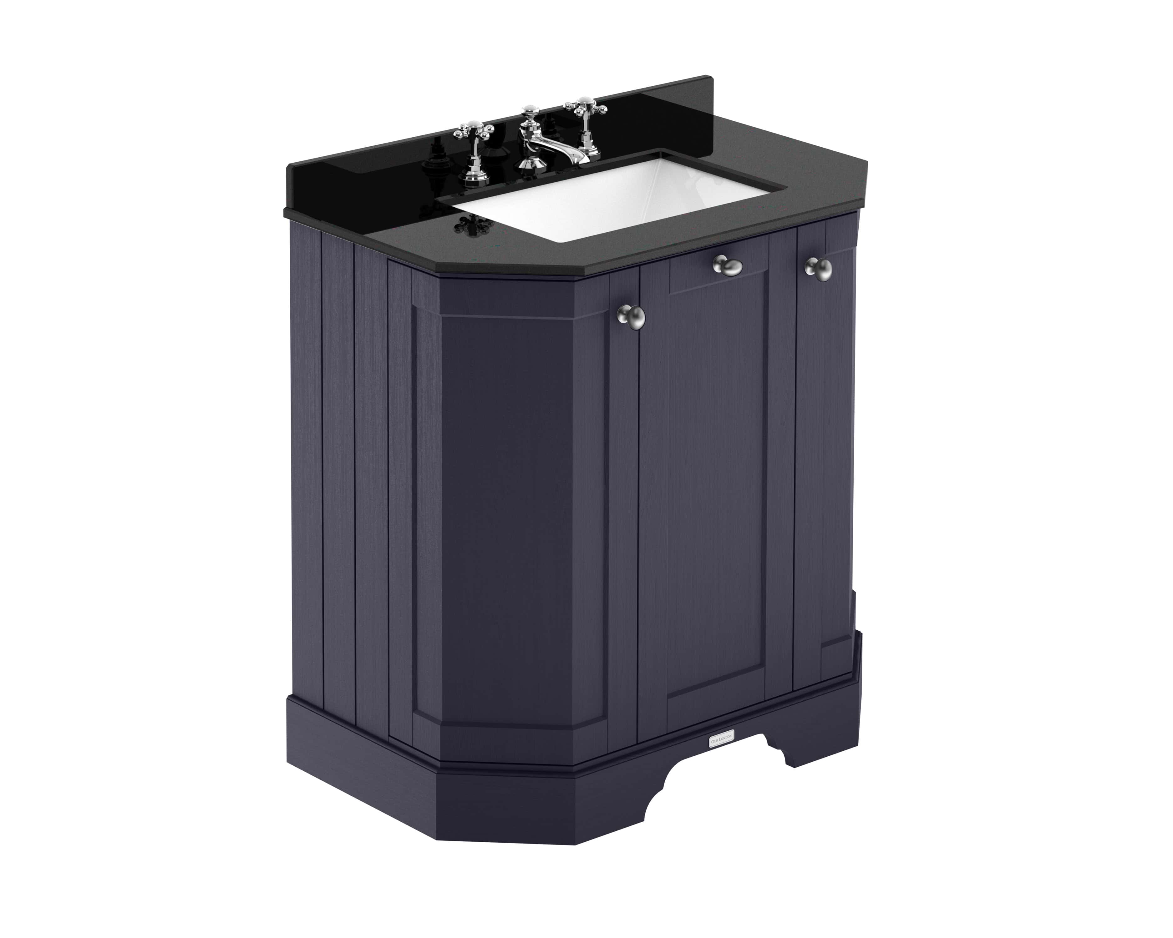 Polished navy bathroom vanity with black granite top and white sink, traditional style, suitable for modern and classical bathrooms.