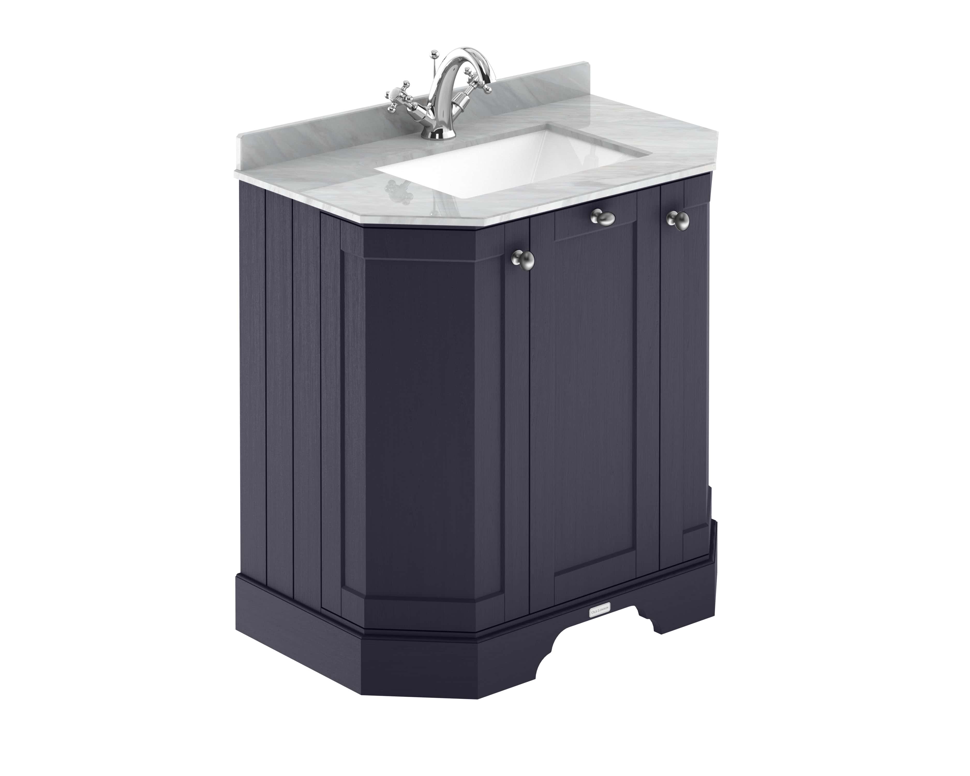 Polished black bathroom vanity with marble countertop and under-mount sink featuring chrome tap and storage cabinets, ideal for modern bathroom interiors.