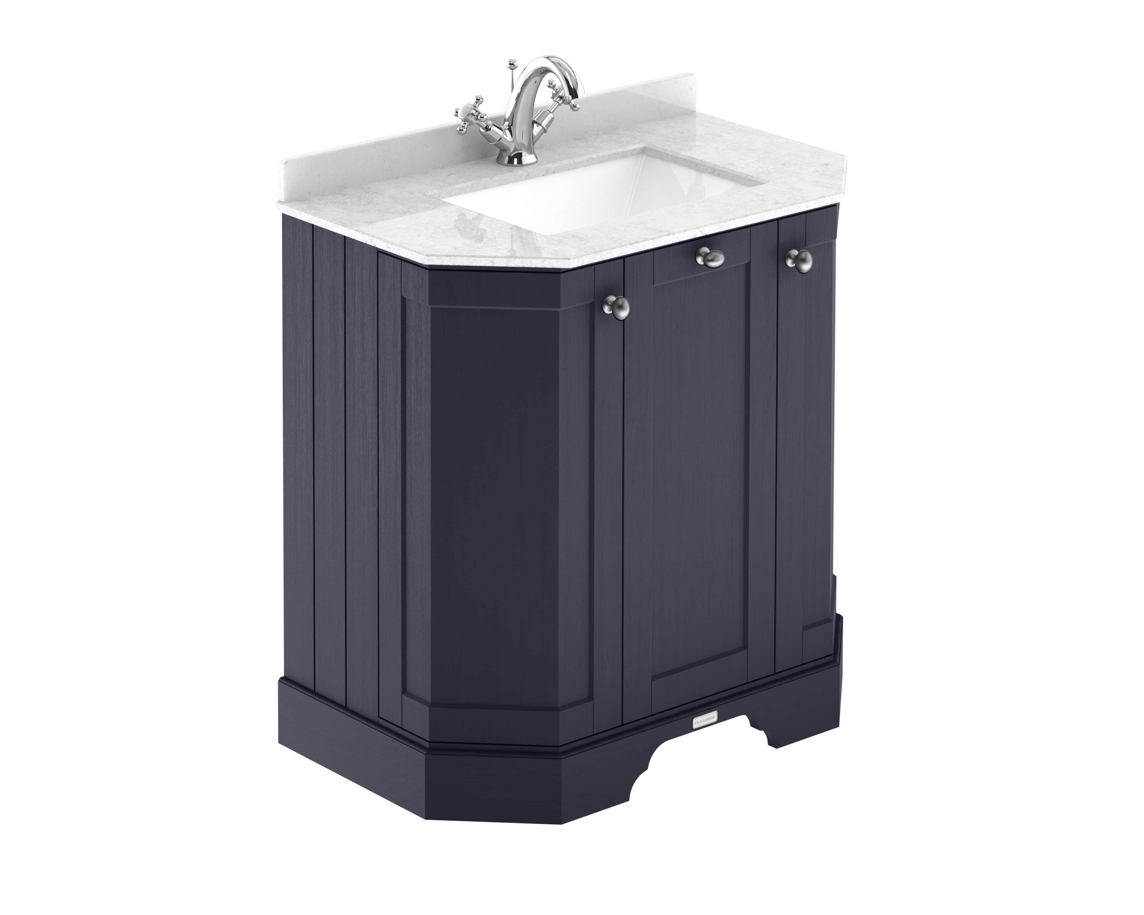 Polished dark blue bathroom vanity with marble countertop and undermount sink, featuring traditional design and chrome fixtures for elegant bathroom storage solutions.