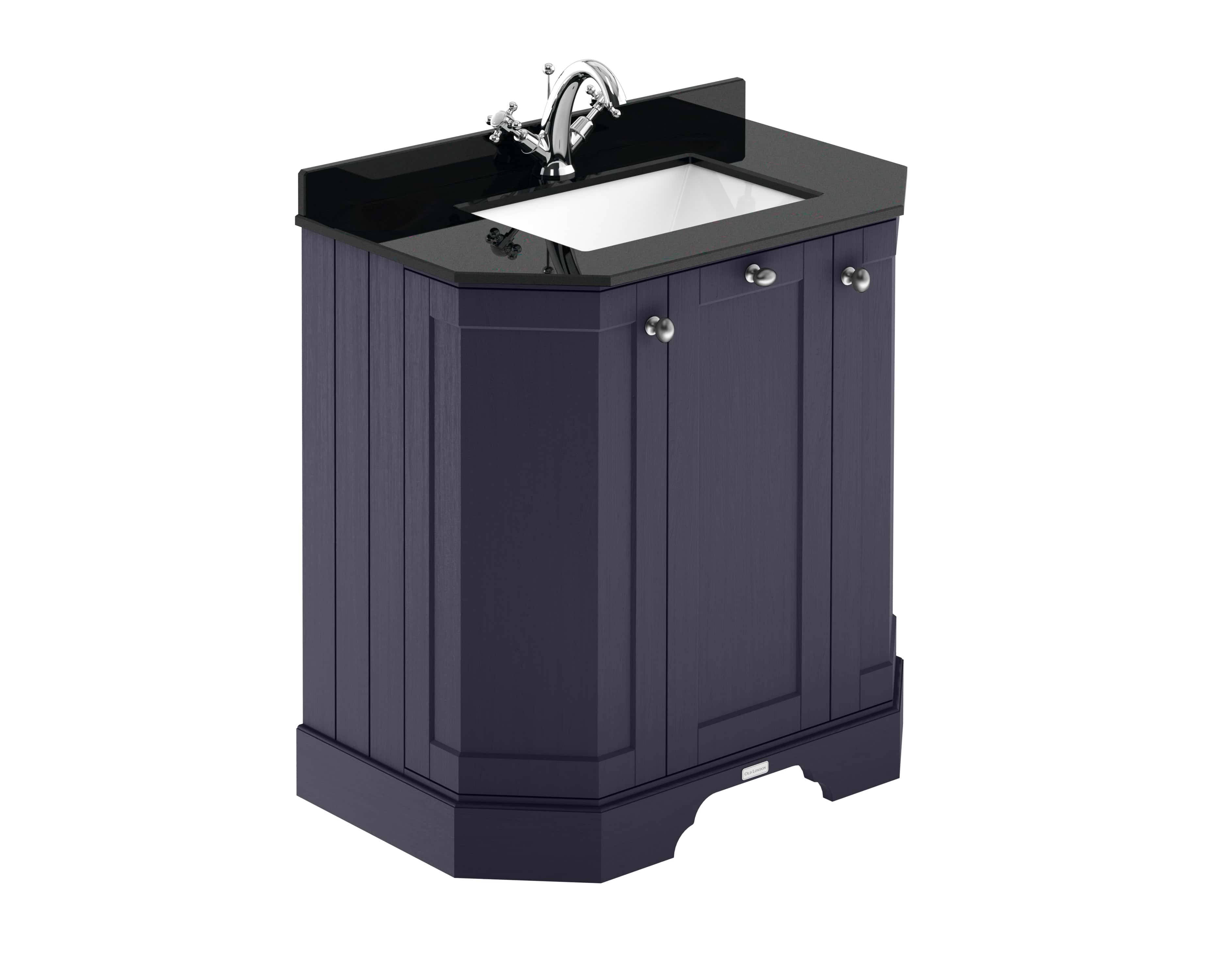 Sleek navy bathroom vanity unit with black countertop and modern chrome fixtures, perfect for contemporary bathroom design and space-saving storage solutions.