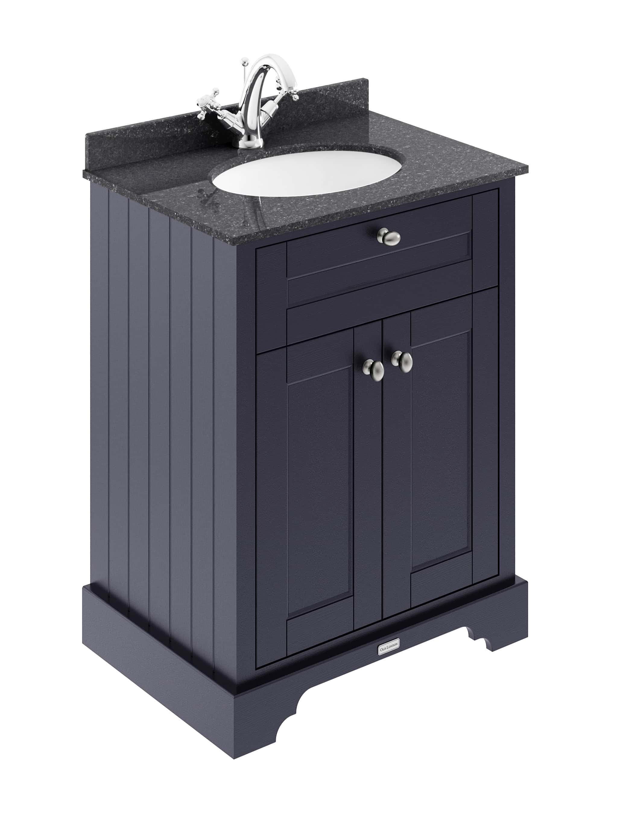 Stylish navy blue bathroom vanity with granite countertop and undermount sink, perfect for modern bathroom designs and functional space optimisation.
