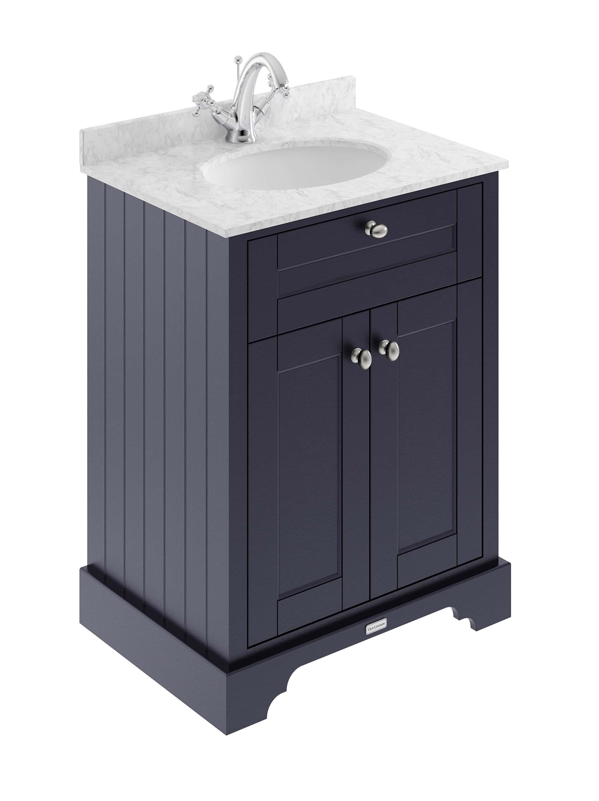 Contemporary navy bathroom vanity with marble countertop, integrated sink, and silver hardware, ideal for modern bathroom remodels and stylish storage.
