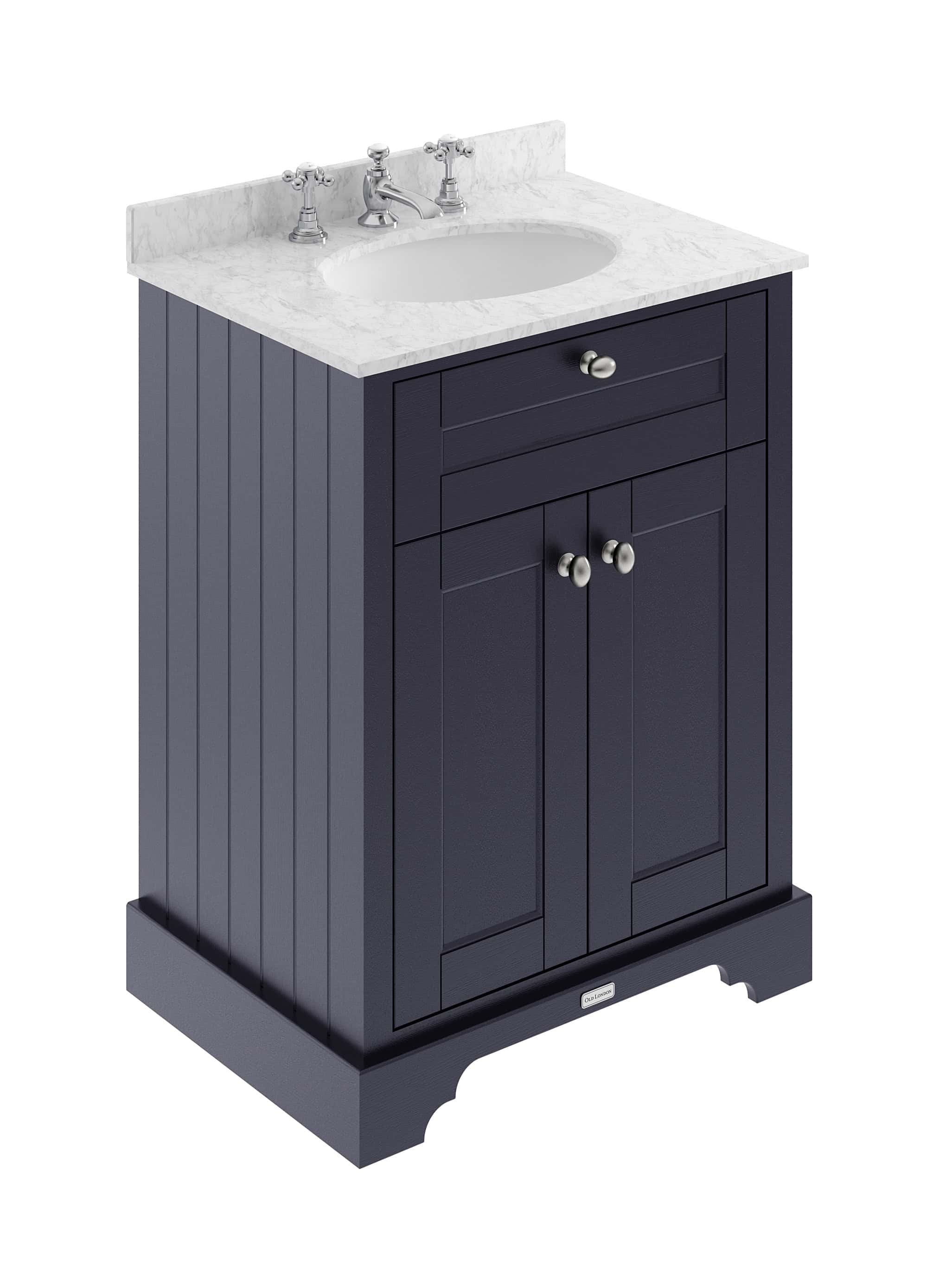 Stylish navy blue bathroom vanity with white marble countertop and built-in sink, featuring traditional chrome fixtures, perfect for modern bathroom decor and bathroom renovation projects.