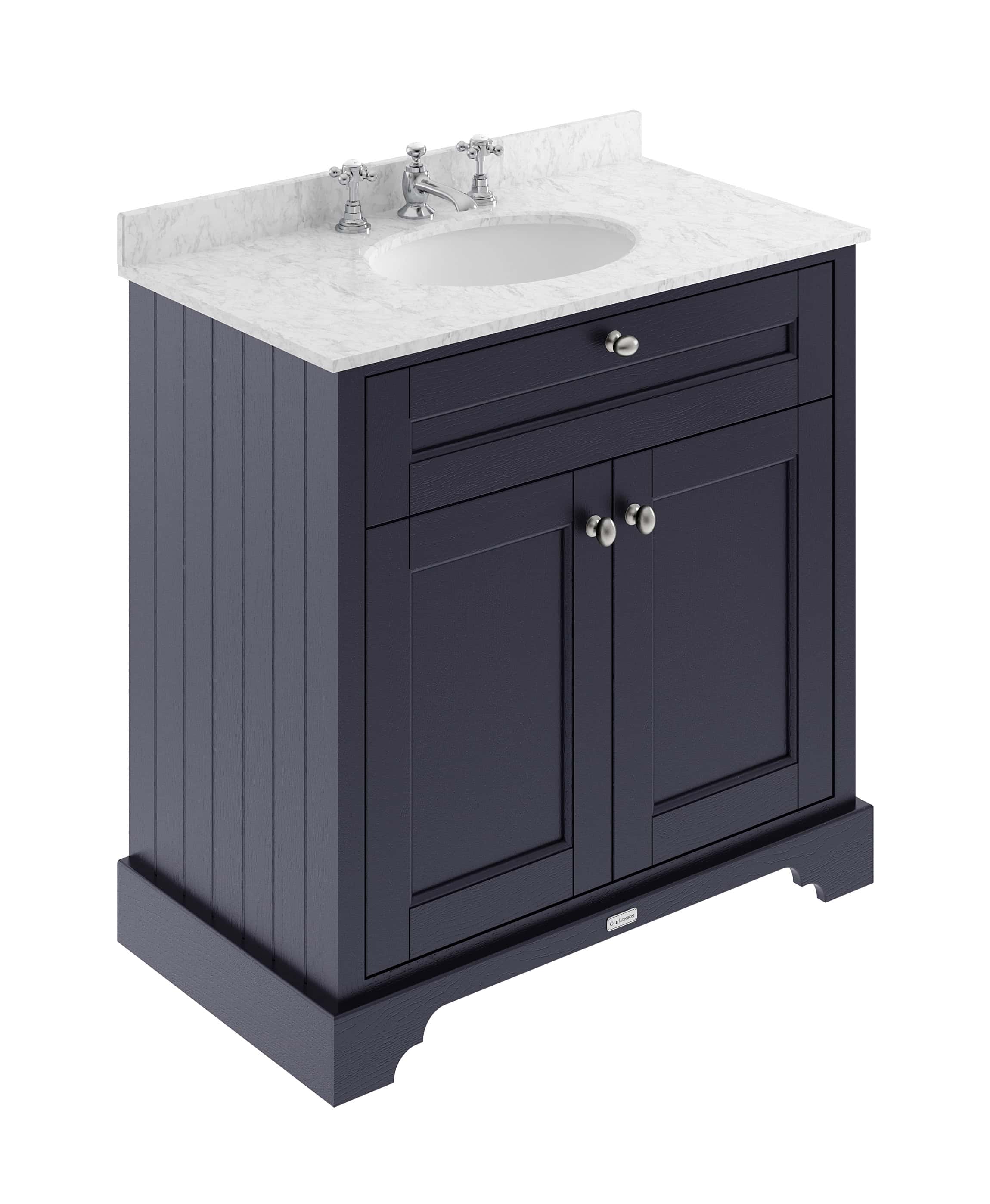 Beau navy blue bathroom vanity with white marble countertop, chrome fixtures, and storage cabinets, perfect for creating stylish and functional bathroom spaces.