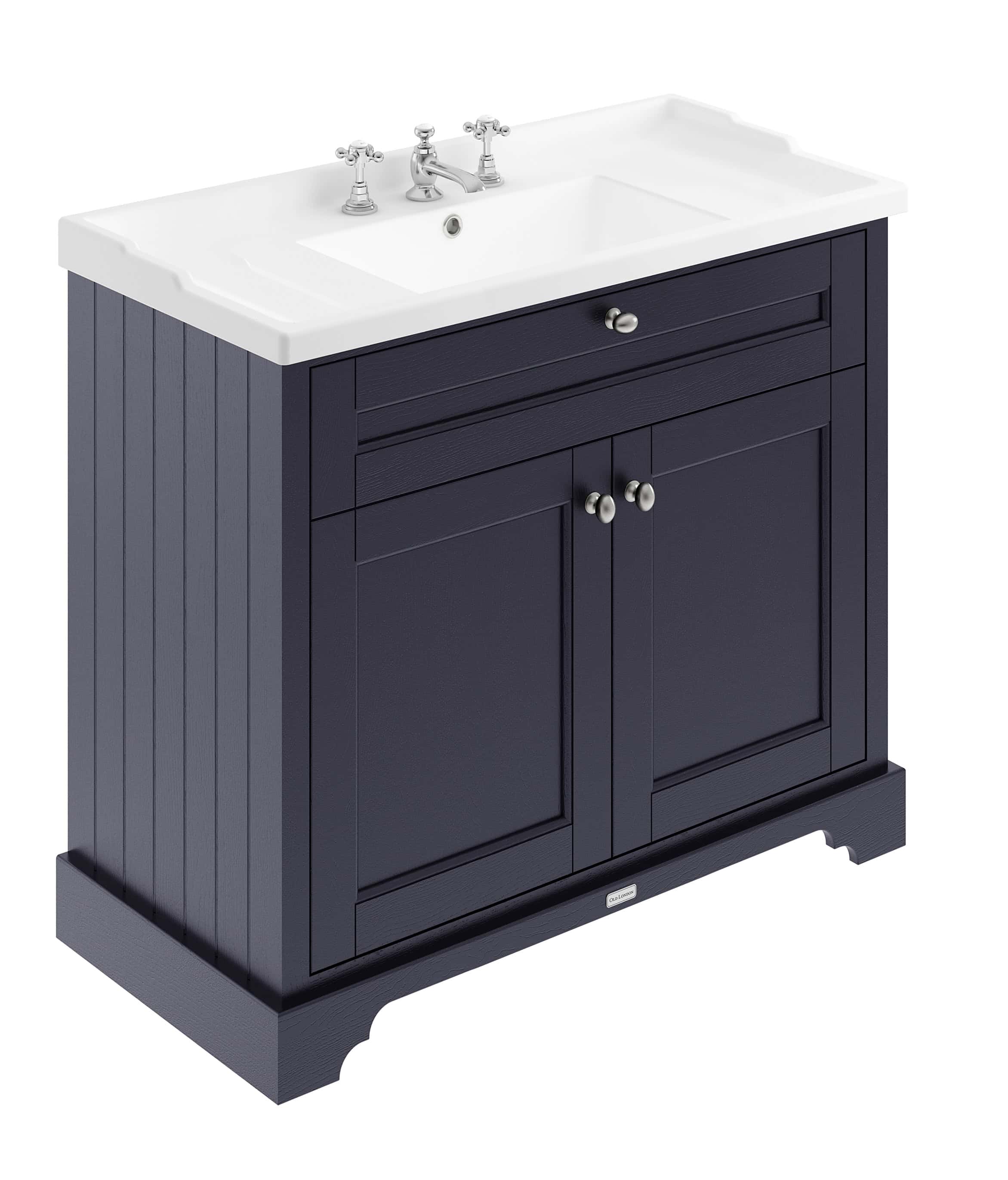 Polished dark navy bathroom vanity with a traditional design, featuring a white ceramic sink and chrome fixtures, ideal for elegant bathroom upgrades.