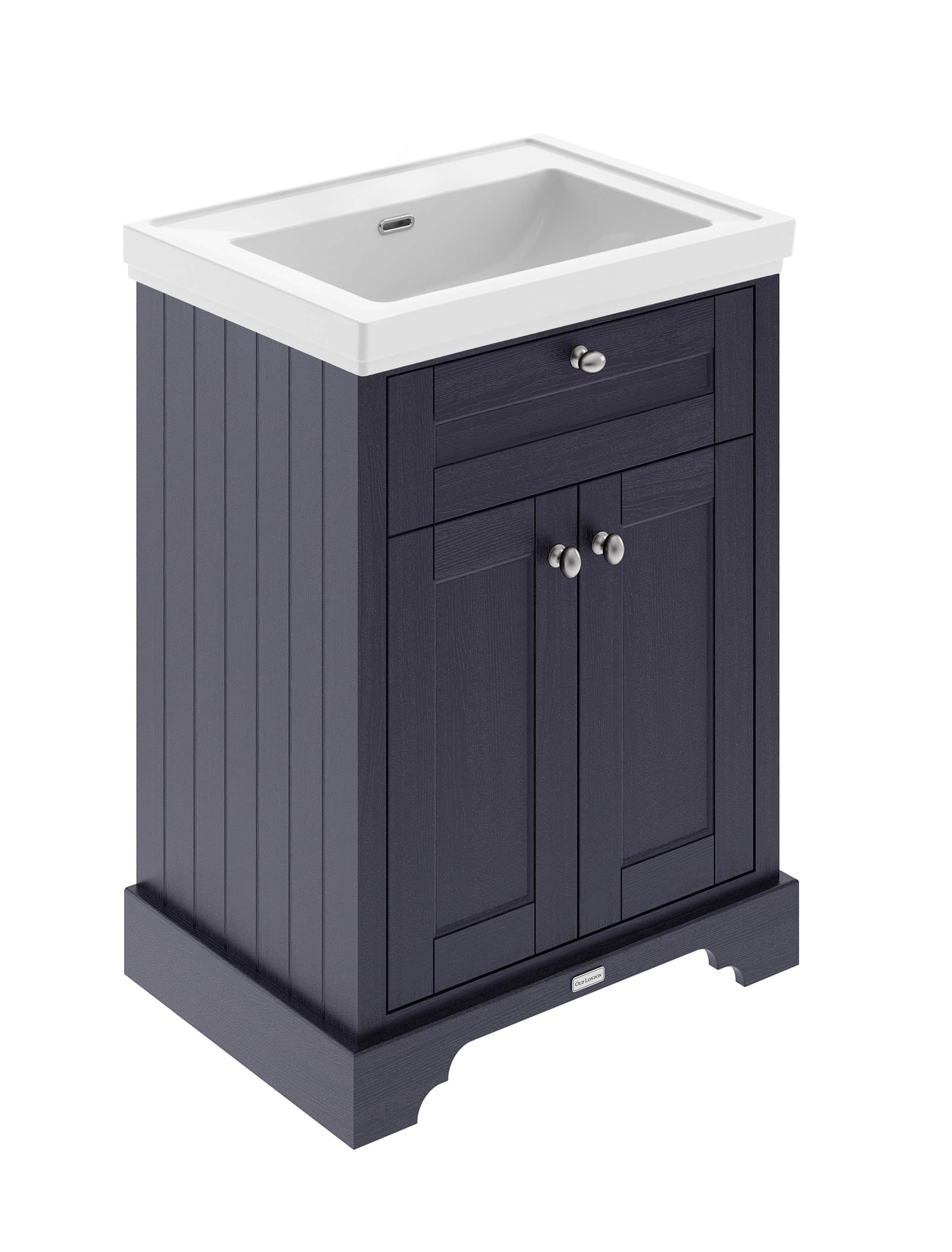 Bathroom vanity unit with white ceramic sink and navy blue wooden cabinet, ideal for modern bathroom remodels, featuring storage drawers and classic brass knobs.