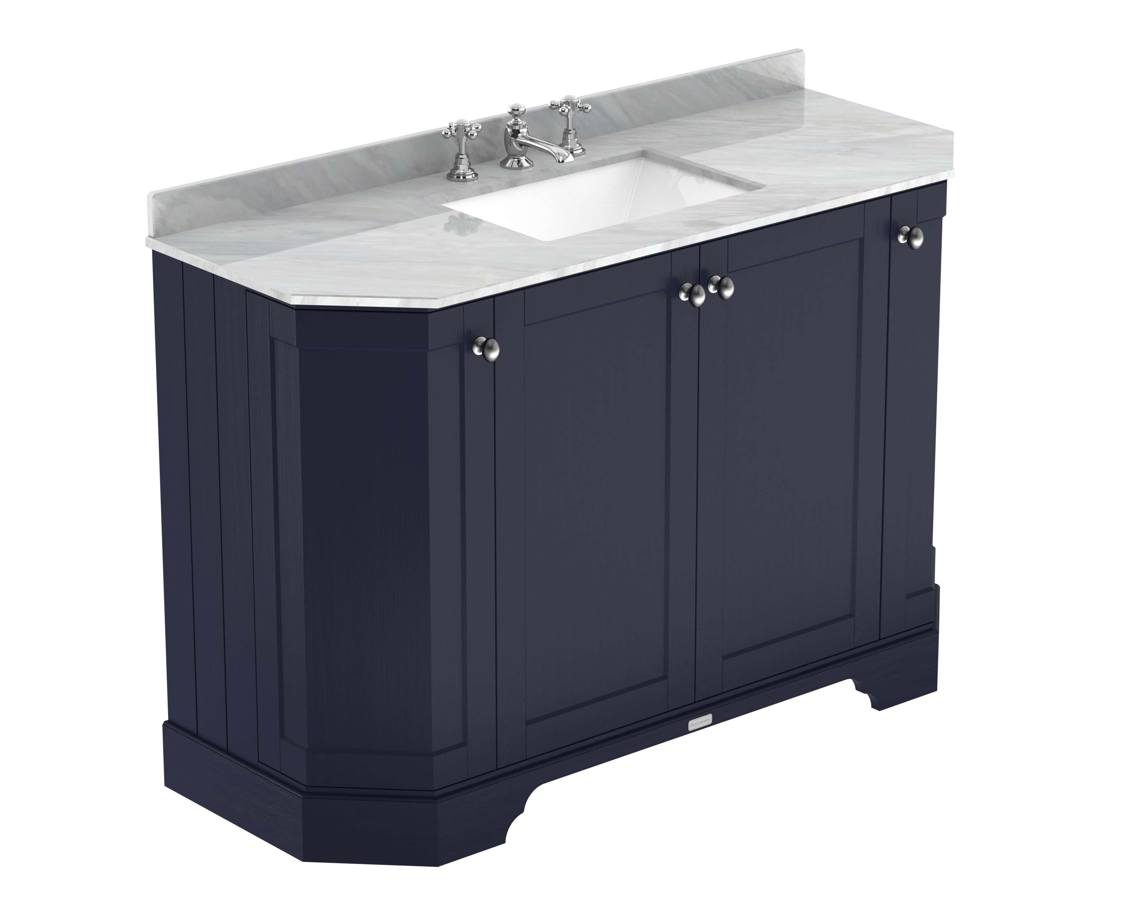 Polished navy bathroom vanity cabinet with marble countertop and integrated sink, perfect for modern bathroom interiors. Featuring classic style with elegant handles for a sophisticated look.