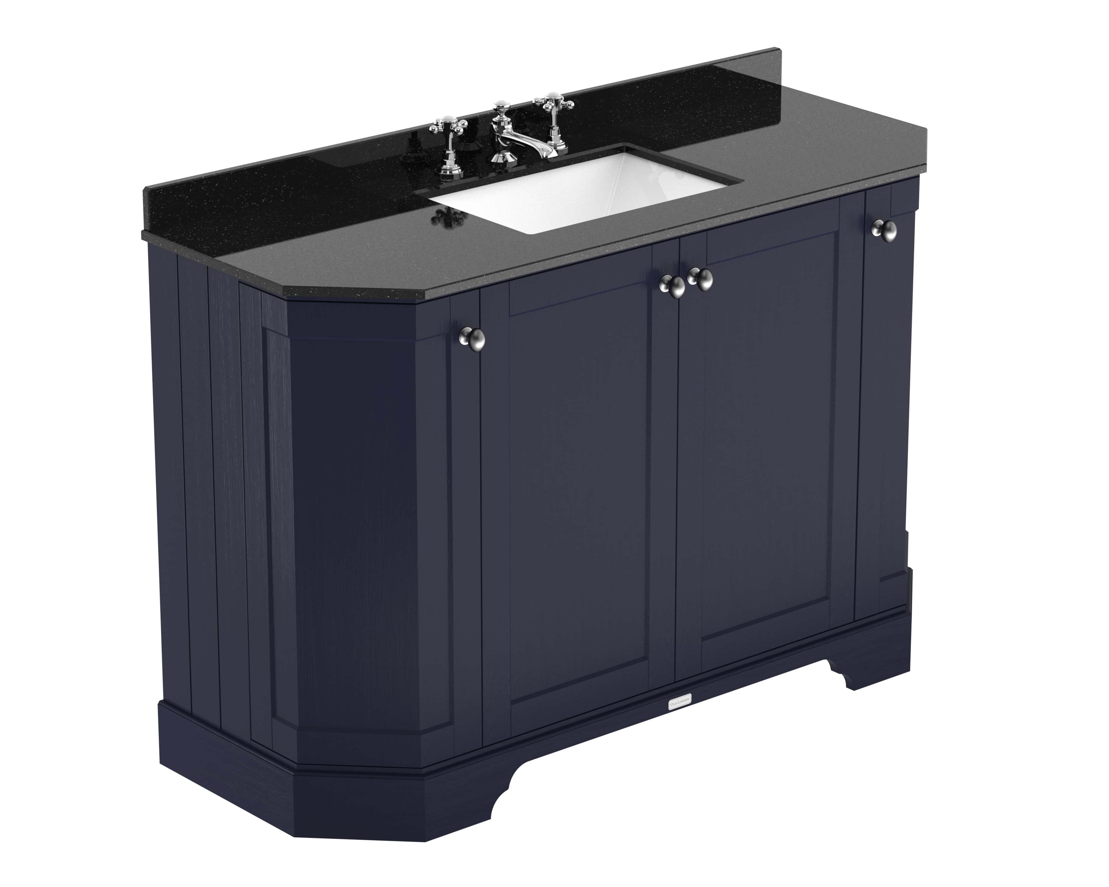 Polished navy bathroom vanity with black granite countertop and white ceramic sink. Classic two-door cabinet design with silver knobs, suitable for modern bathroom decor.