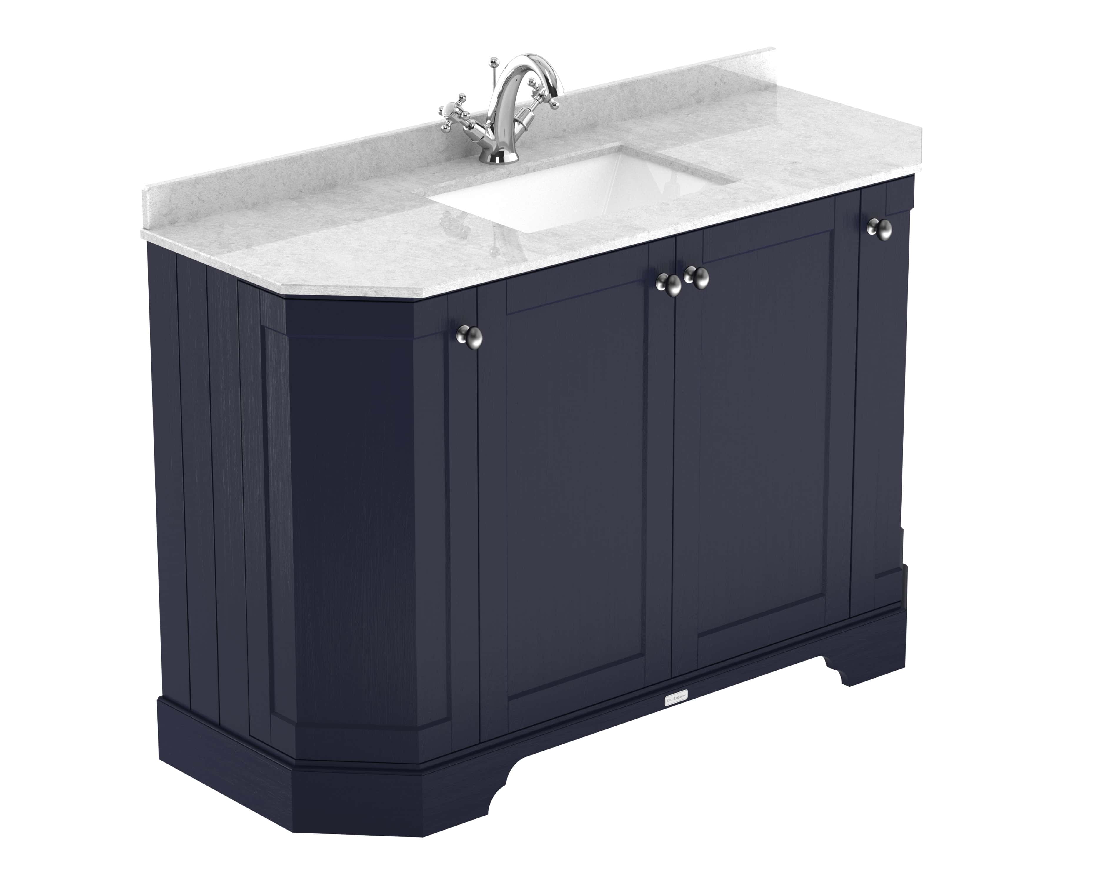 Sleek navy bathroom vanity unit with a polished marble countertop and integrated sink, perfect for modern bathroom renovations and storage solutions.