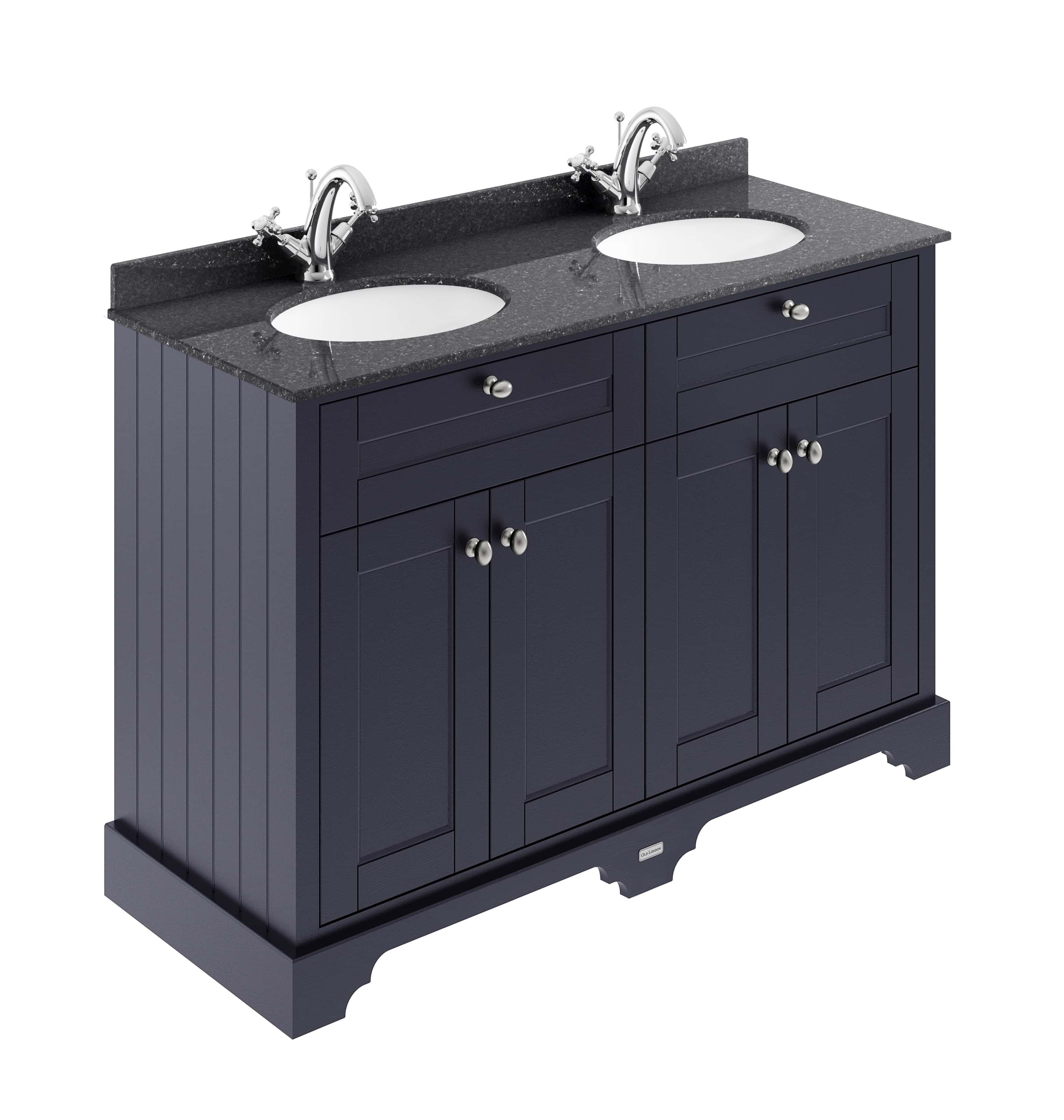 Polished navy bathroom vanity with dual sinks and chrome taps, ideal for modern bathroom interiors, featuring ample storage and elegant design from Bubly Bathrooms.