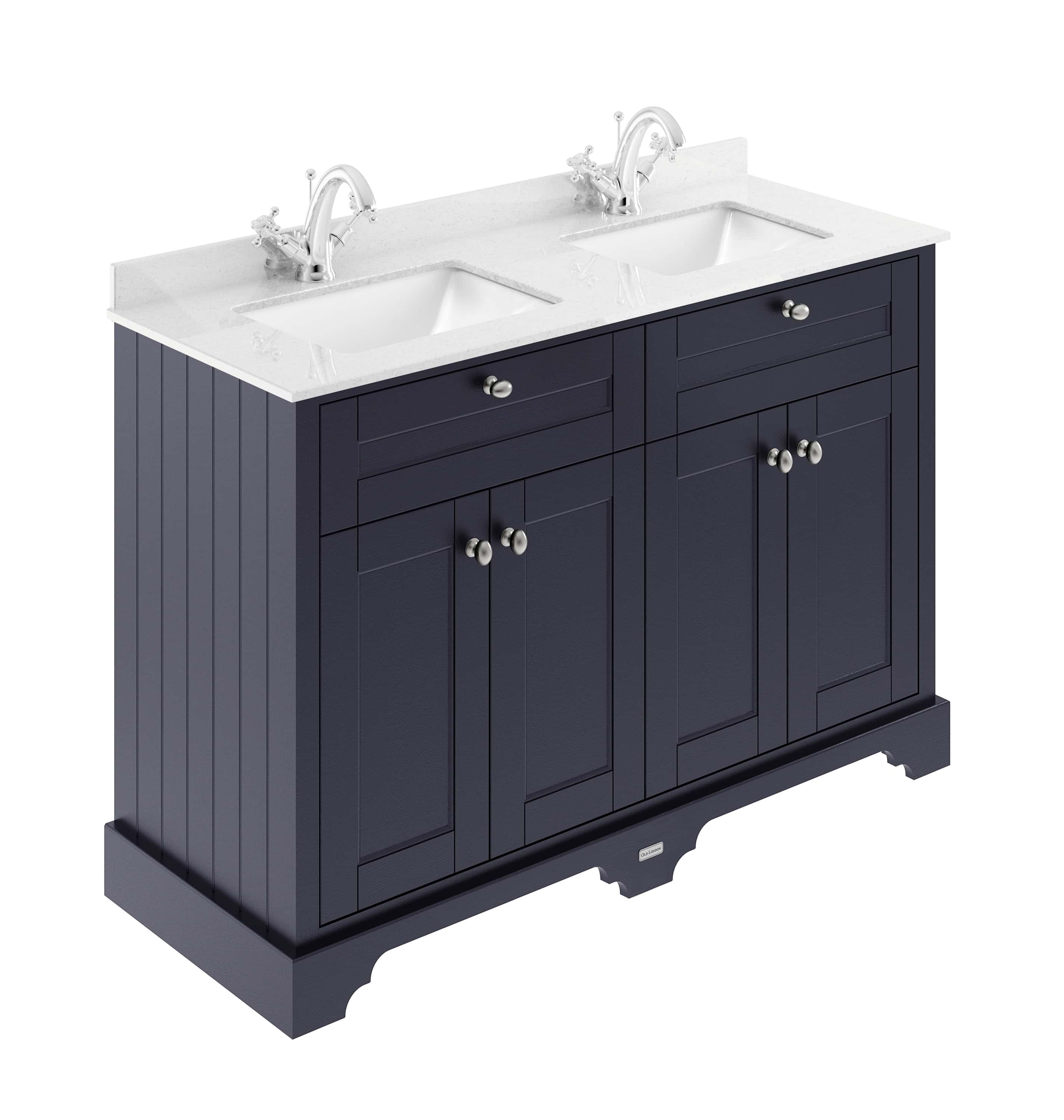 Double bathroom vanity unit with navy blue shaker-style cabinets and marble countertop with two white sinks. Includes chrome taps and ample storage drawers and cabinets. Perfect for a stylish, functional bathroom upgrade.
