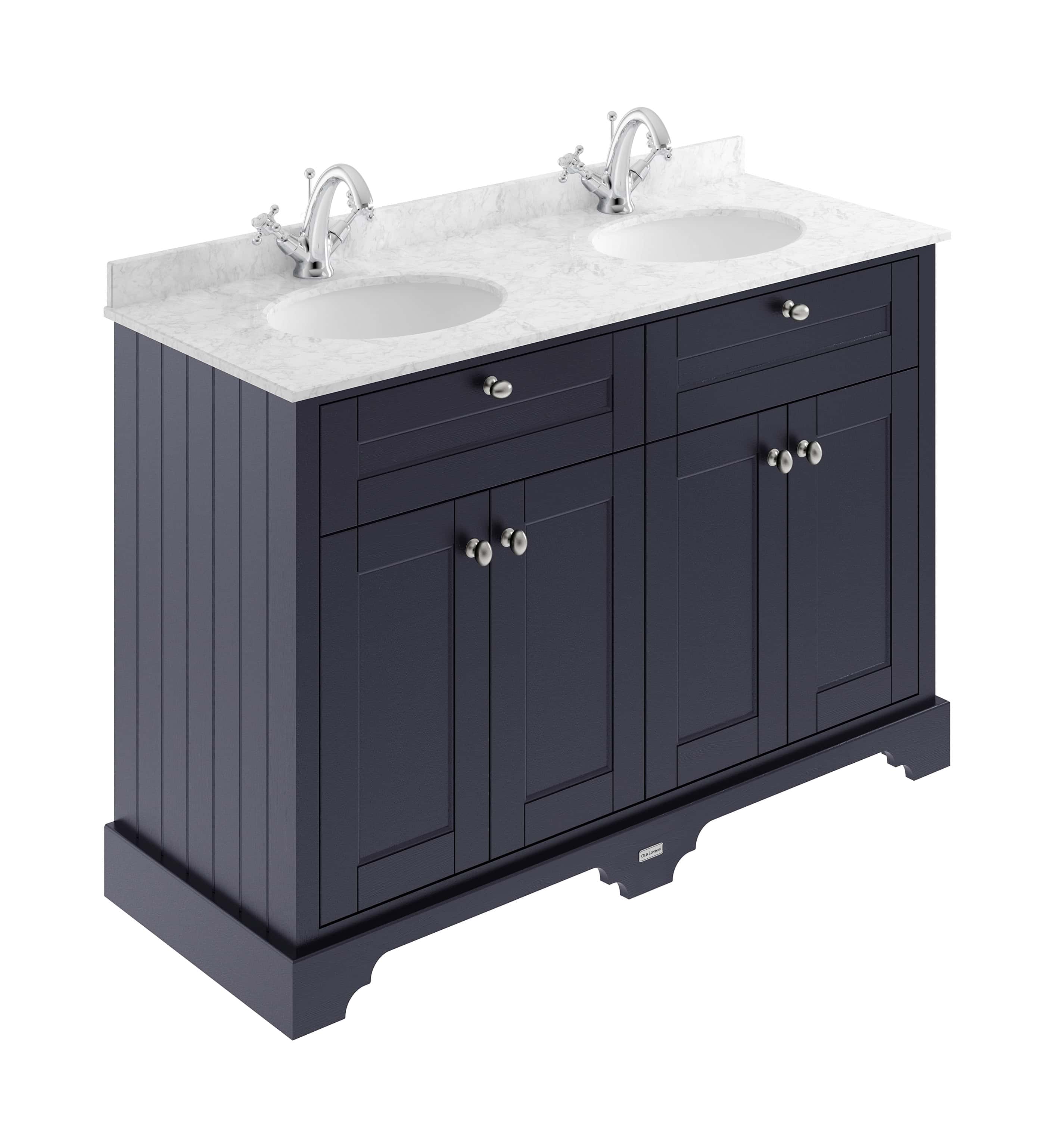 Polished wooden bathroom vanity with double sinks, marble countertop, and chrome fixtures, ideal for classic and modern bathroom designs. Perfect for creating a stylish and functional bathroom space.