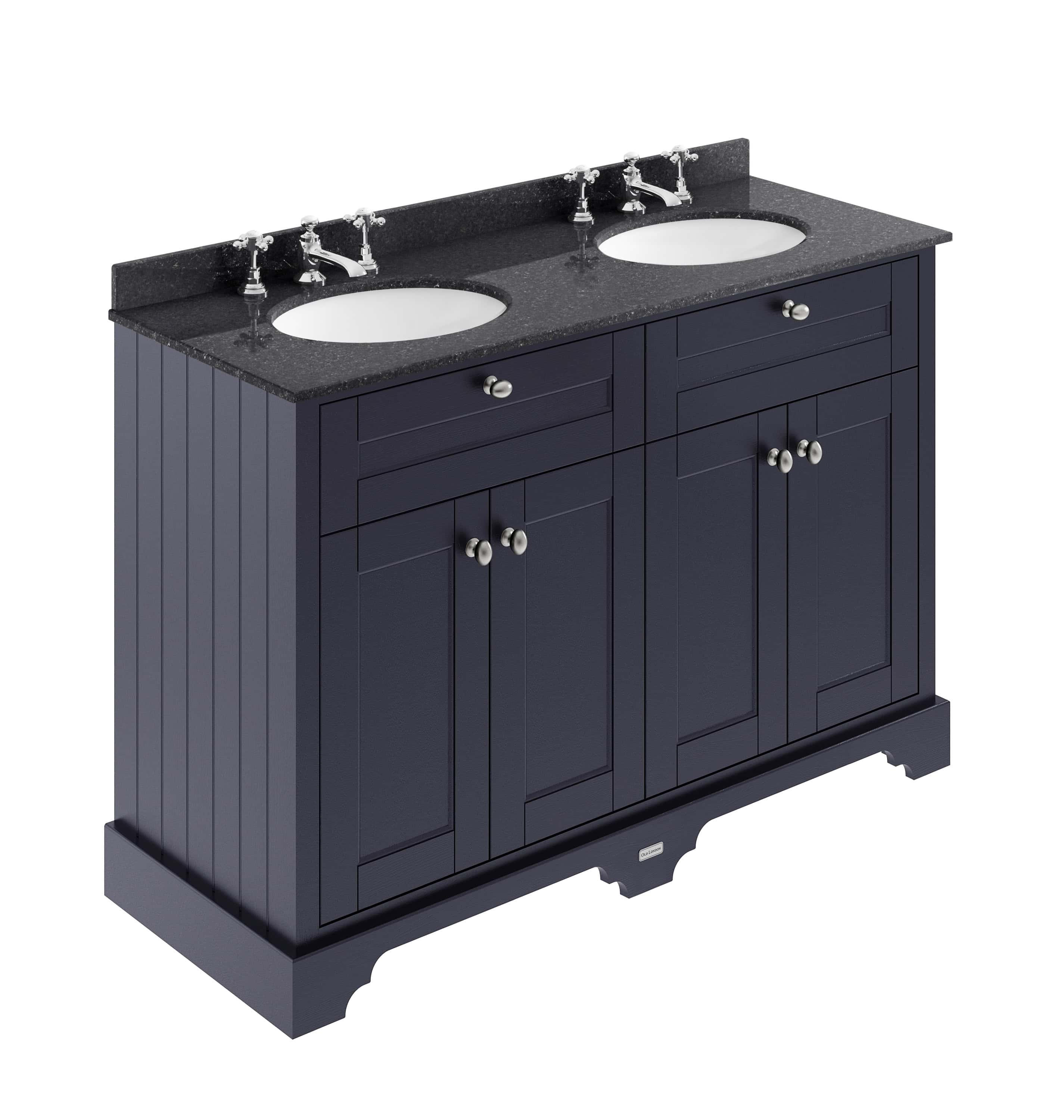 Double sink bathroom vanity with navy blue cabinet and black granite countertop, featuring dual oval ceramic basins and traditional chrome faucet fixtures, ideal for elegant bathroom designs.