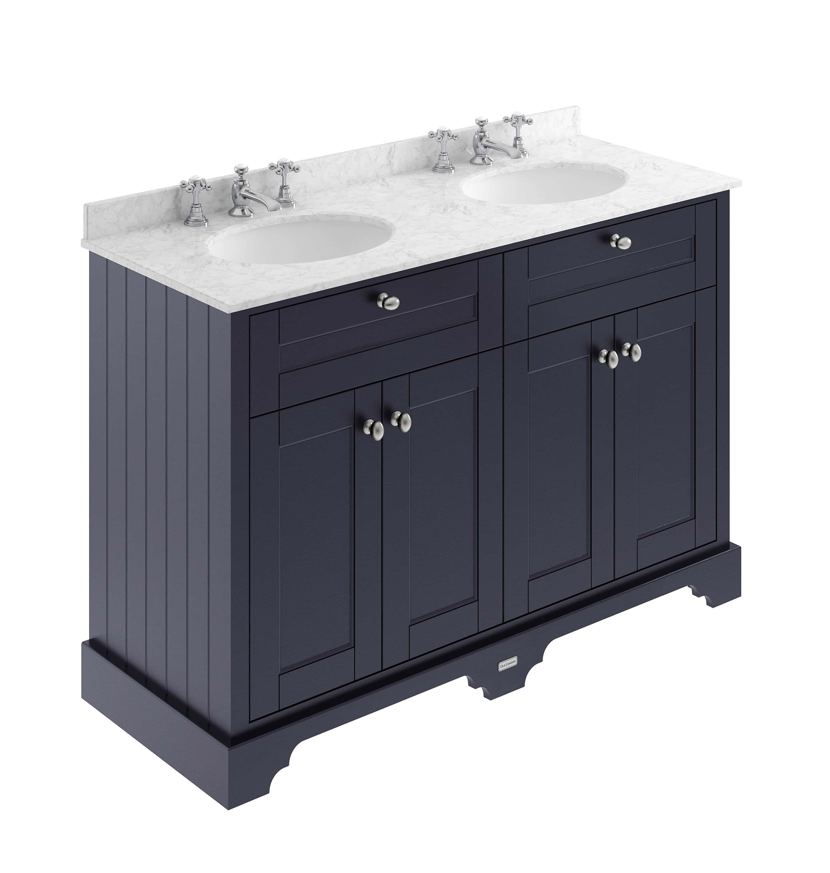 Polished navy blue double bathroom vanity with white marble countertop and dual ceramic sinks, featuring traditional beadboard paneling and chrome fixtures. Ideal for elegant bathroom renovations.