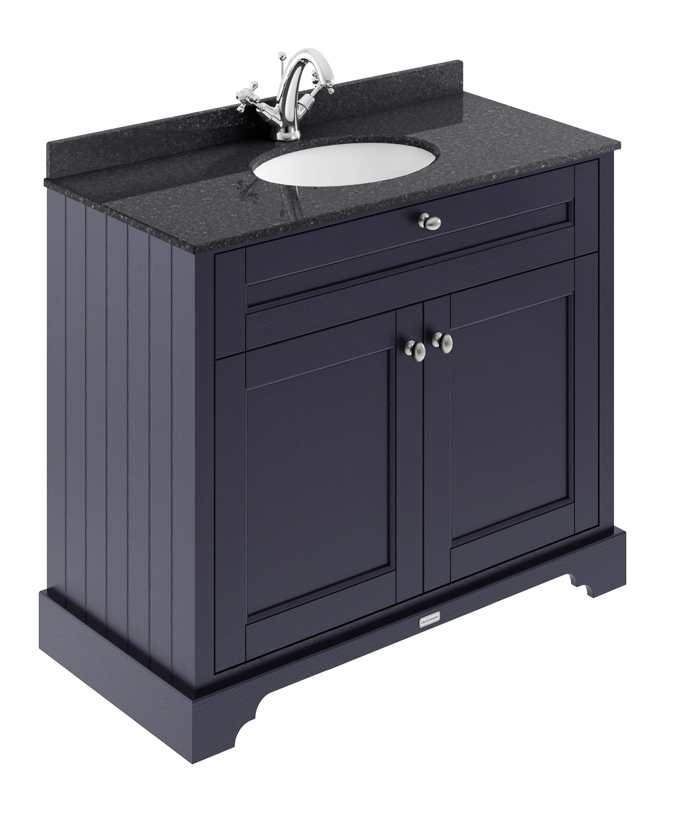 Dark navy bathroom vanity with granite countertop and chrome tap, ideal for modern bathroom interiors.