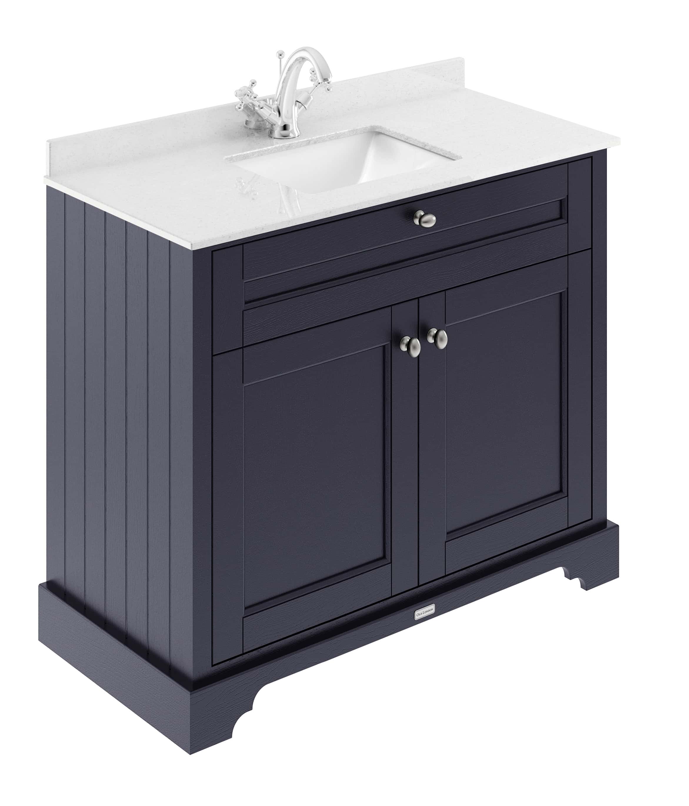 Sleek navy blue bathroom vanity with white countertop, built-in sink, and chrome fixtures, perfect for modern bathroom designs.