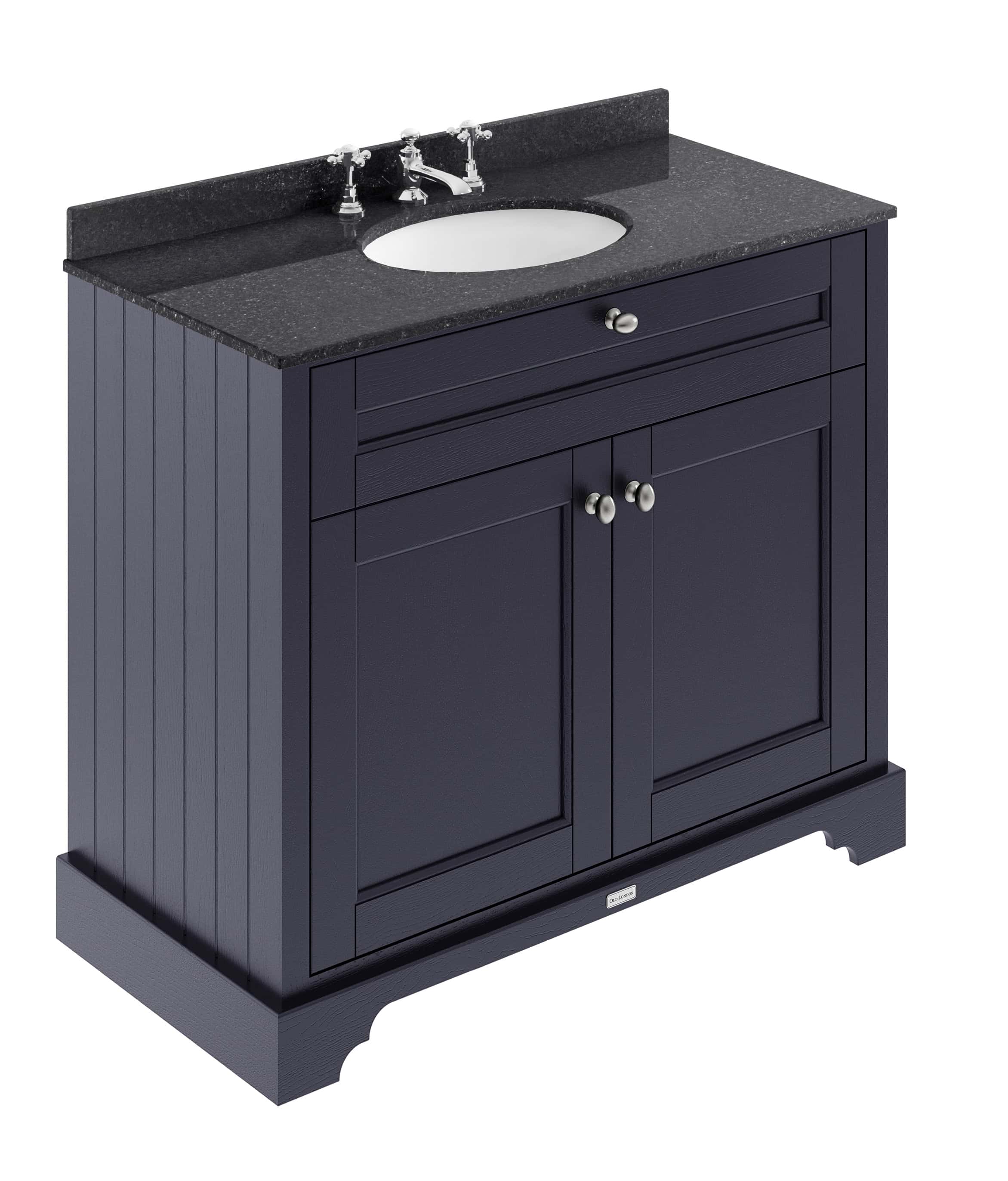 Stylish navy blue bathroom vanity with a dark granite countertop, integrated sink, and chrome fixtures, perfect for modern bathroom makeovers and enhancing bathroom storage.