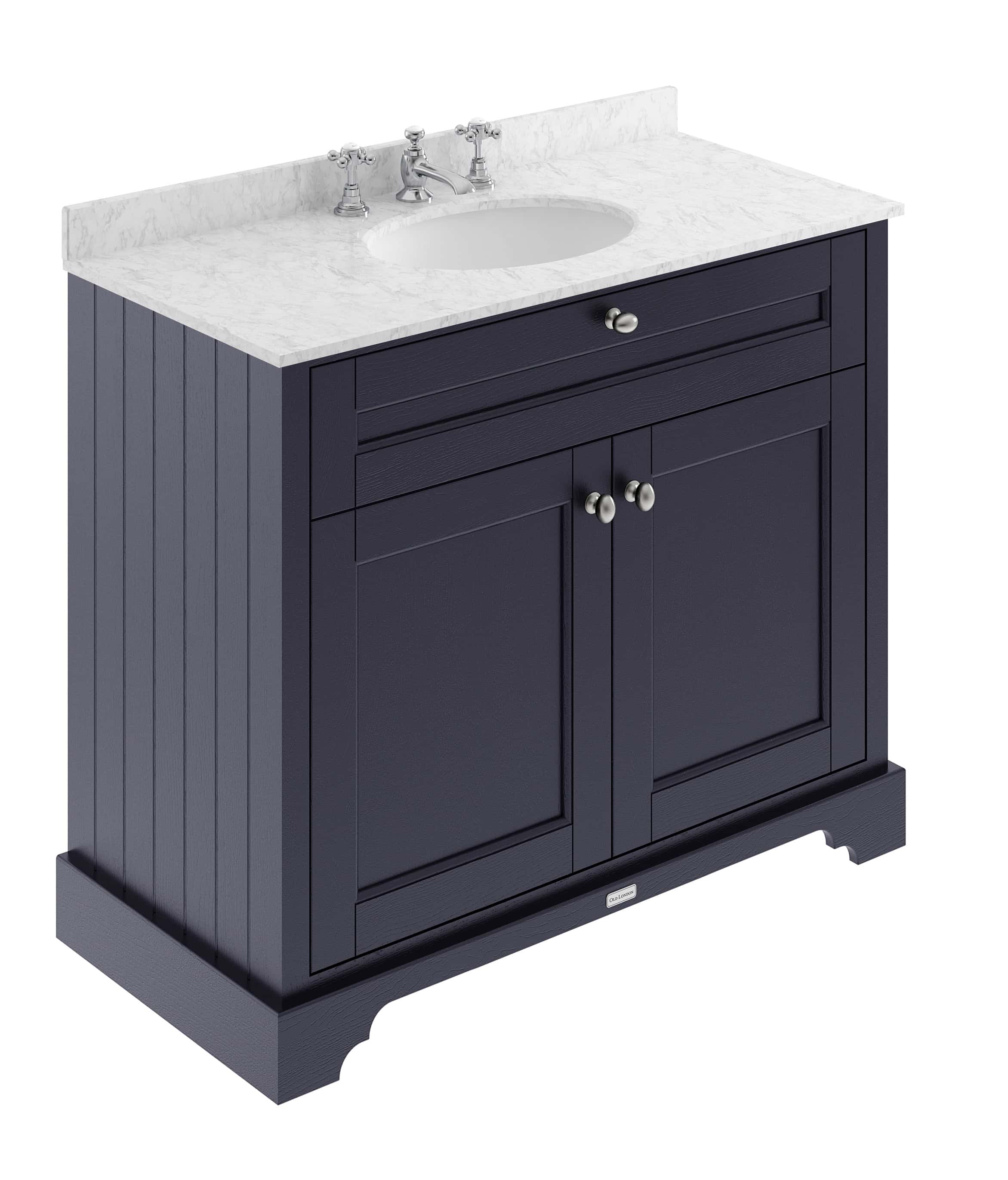 Polished navy blue bathroom vanity with marble countertop and built-in sink, ideal for elegant bathroom designs.