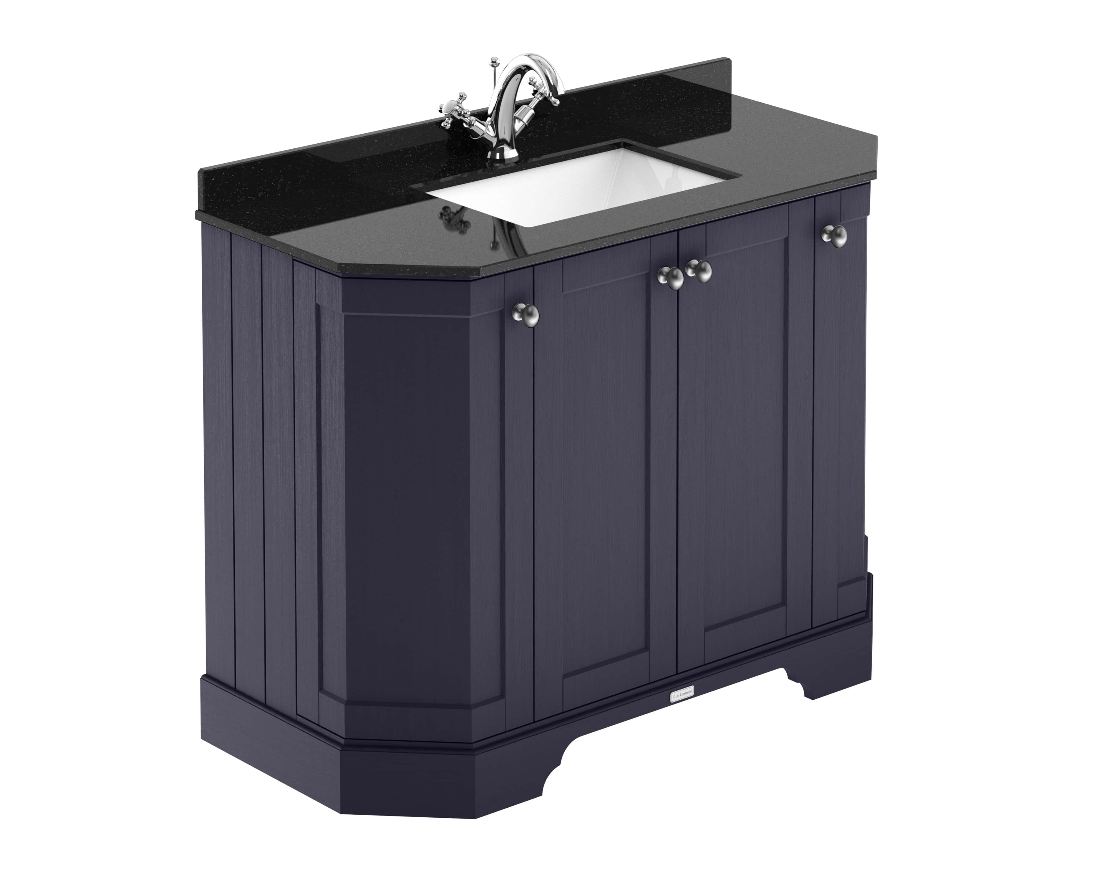 Polished black bathroom vanity with inset sink and chrome faucet, ideal for modern Bubly bathrooms and bathroom renovation projects.