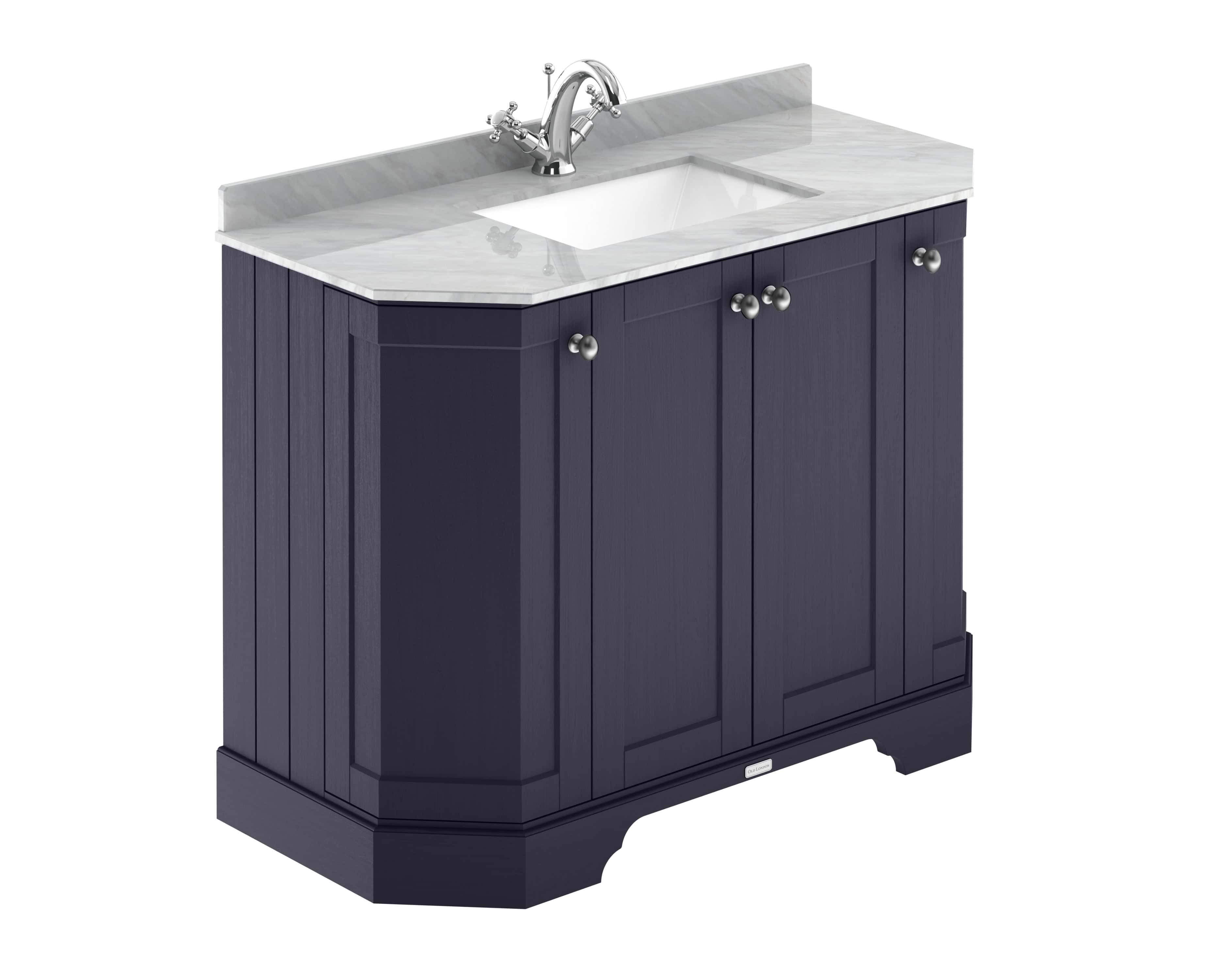 Polished navy bathroom vanity with marble countertop and white ceramic sink, featuring storage cabinets and chrome fixtures, ideal for modern Bubly bathrooms.