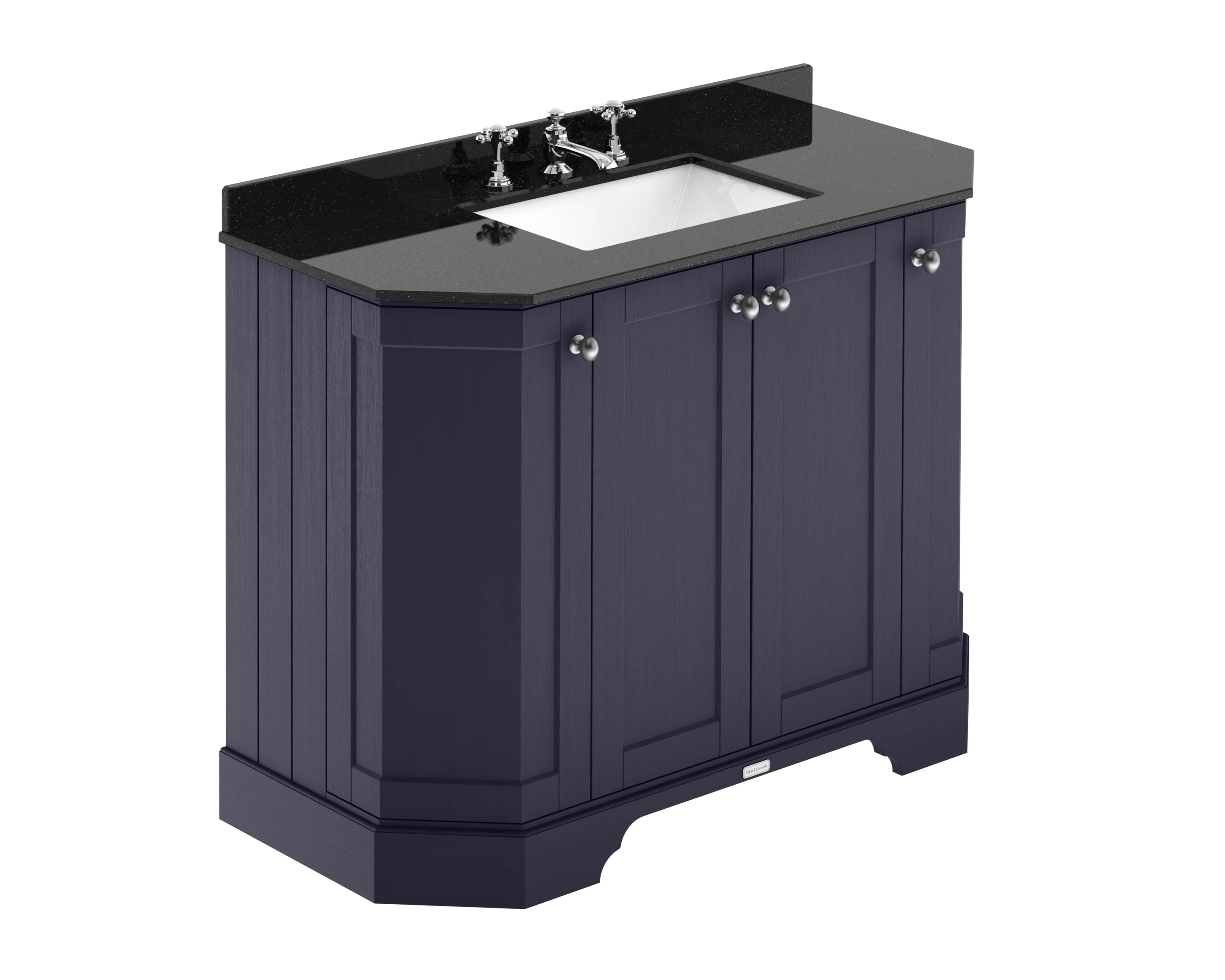 Black bathroom vanity with a fitted sink and elegant chrome handles, perfect for modern and traditional bathroom designs. Durable, stylish, and functional for your bathroom renovation or upgrade.