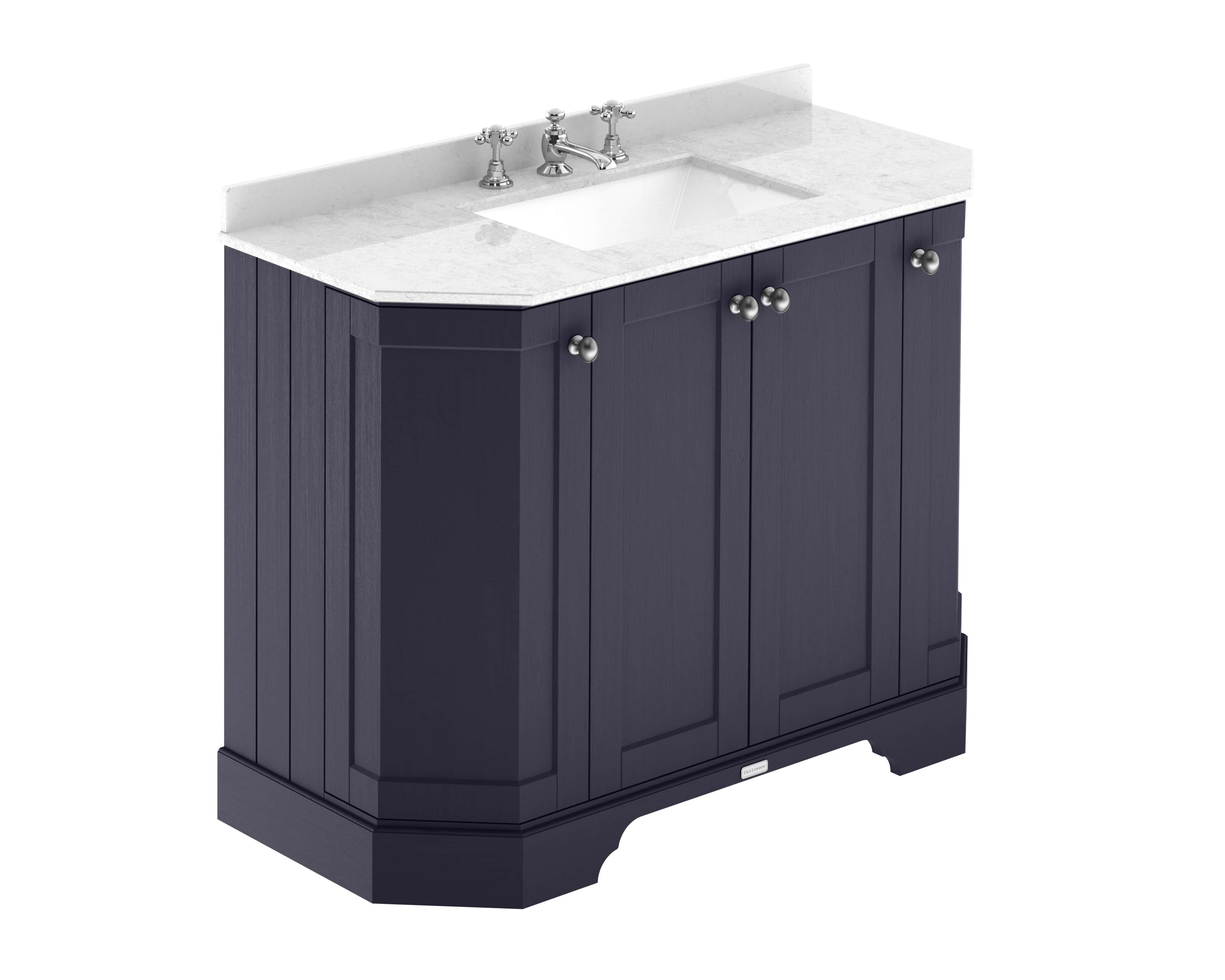 Polished navy bathroom vanity with a white marble countertop and classic chrome fixtures, perfect for elegant and functional bathroom decor.