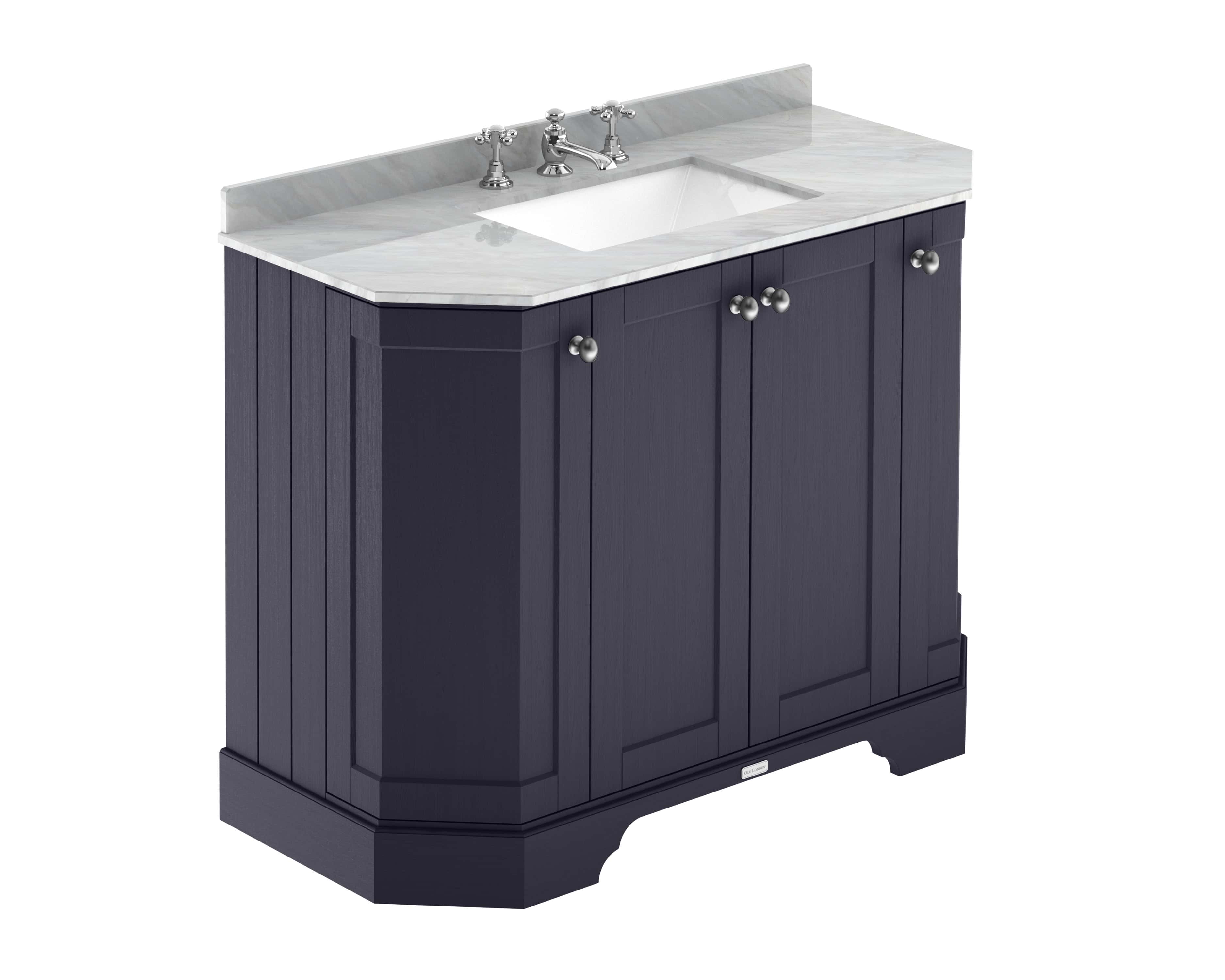 Dark navy bathroom vanity unit with marble top and integrated sink, perfect for stylish bathroom refurbishment, combining modern design with functional storage solutions.