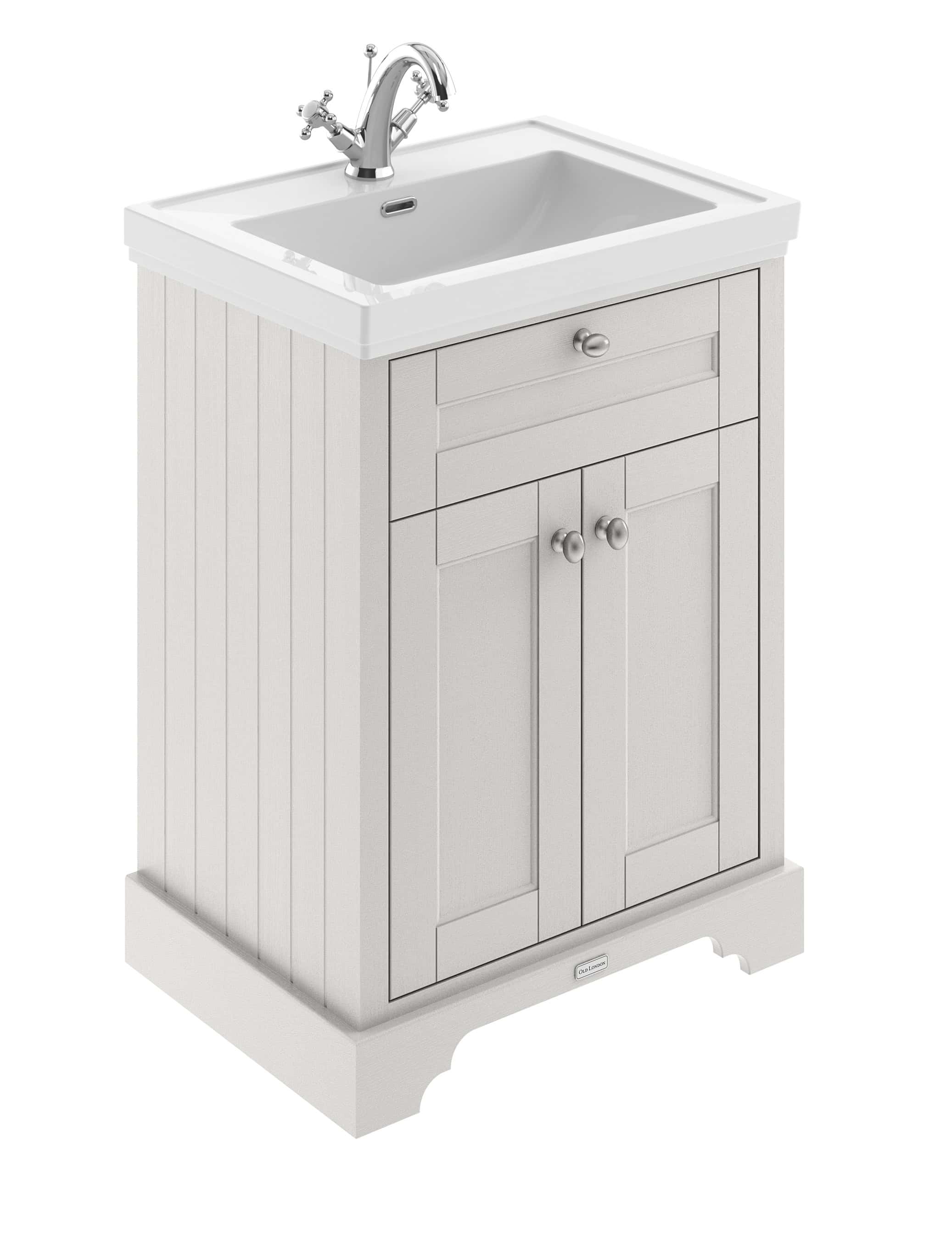 Polished white bathroom sink vanity unit with traditional design and storage drawers for bathroom organisation. Suitable for classic or vintage style bathrooms, featuring a ceramic sink and chrome tap.