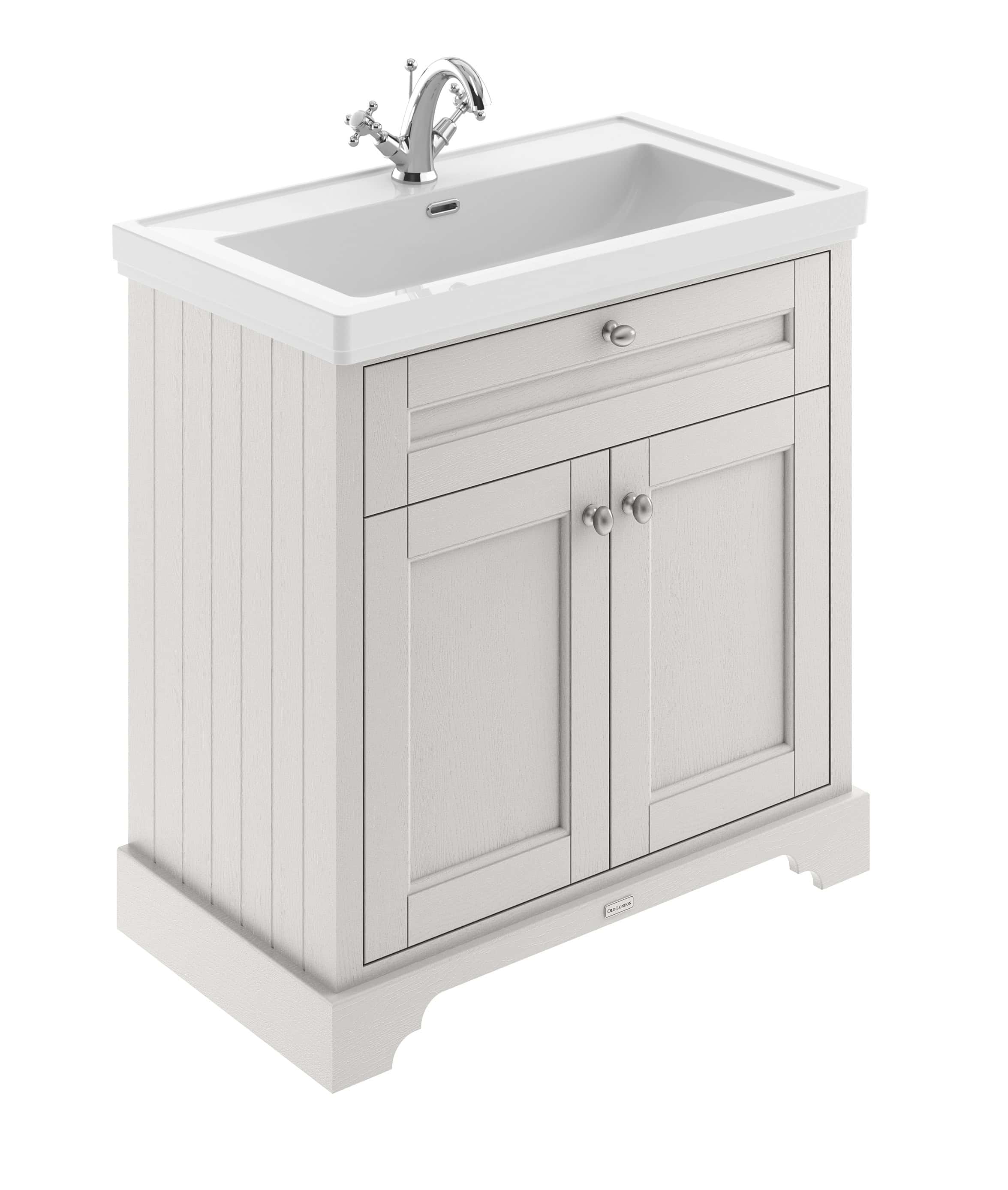 Polished white bathroom vanity with a built-in sink and chrome faucet, ideal for classic and modern bathroom designs, combining functionality and style.