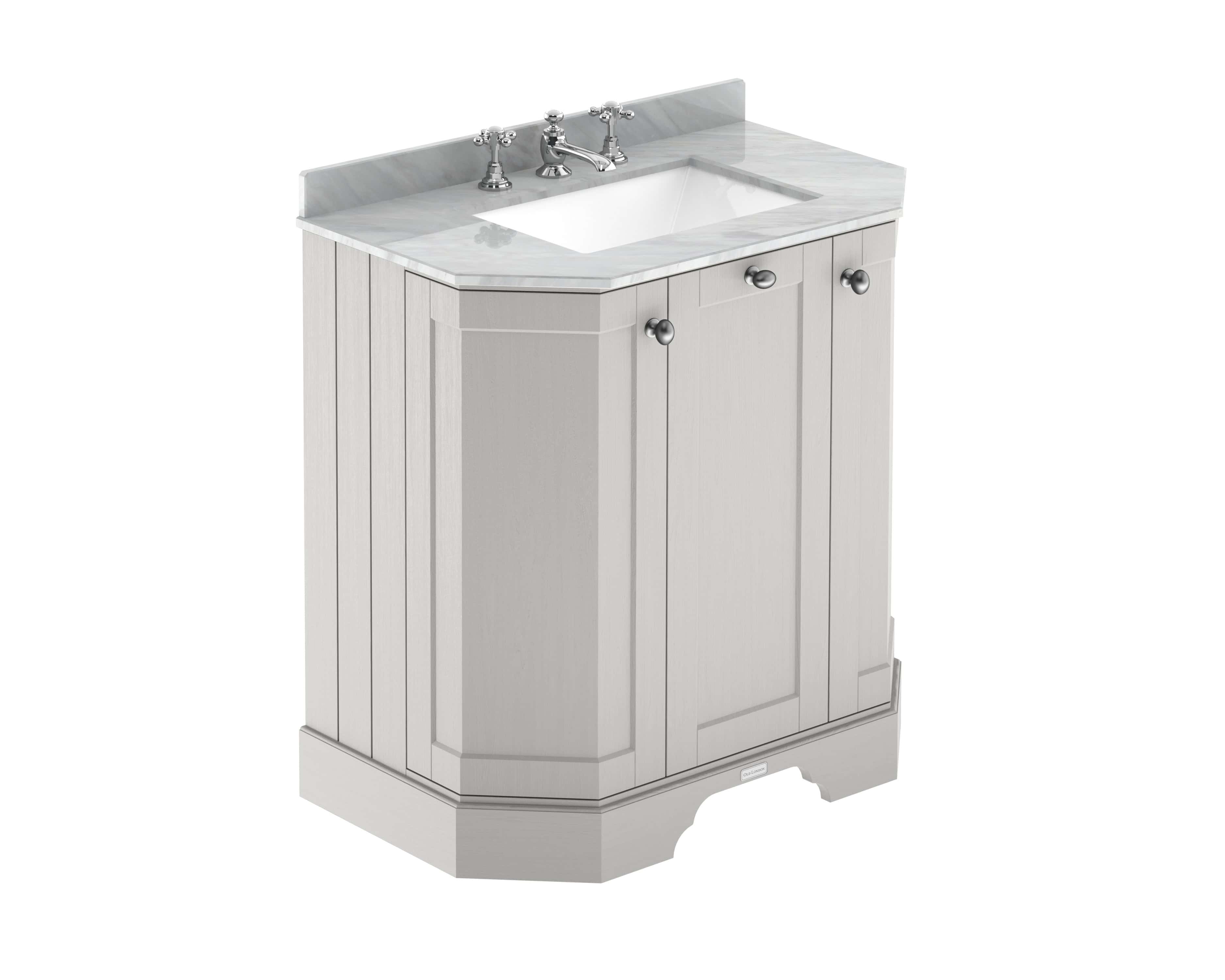Polished white bathroom vanity with marble countertop and dual chrome taps, elegant storage cabinets, perfect for modern bathroom design.
