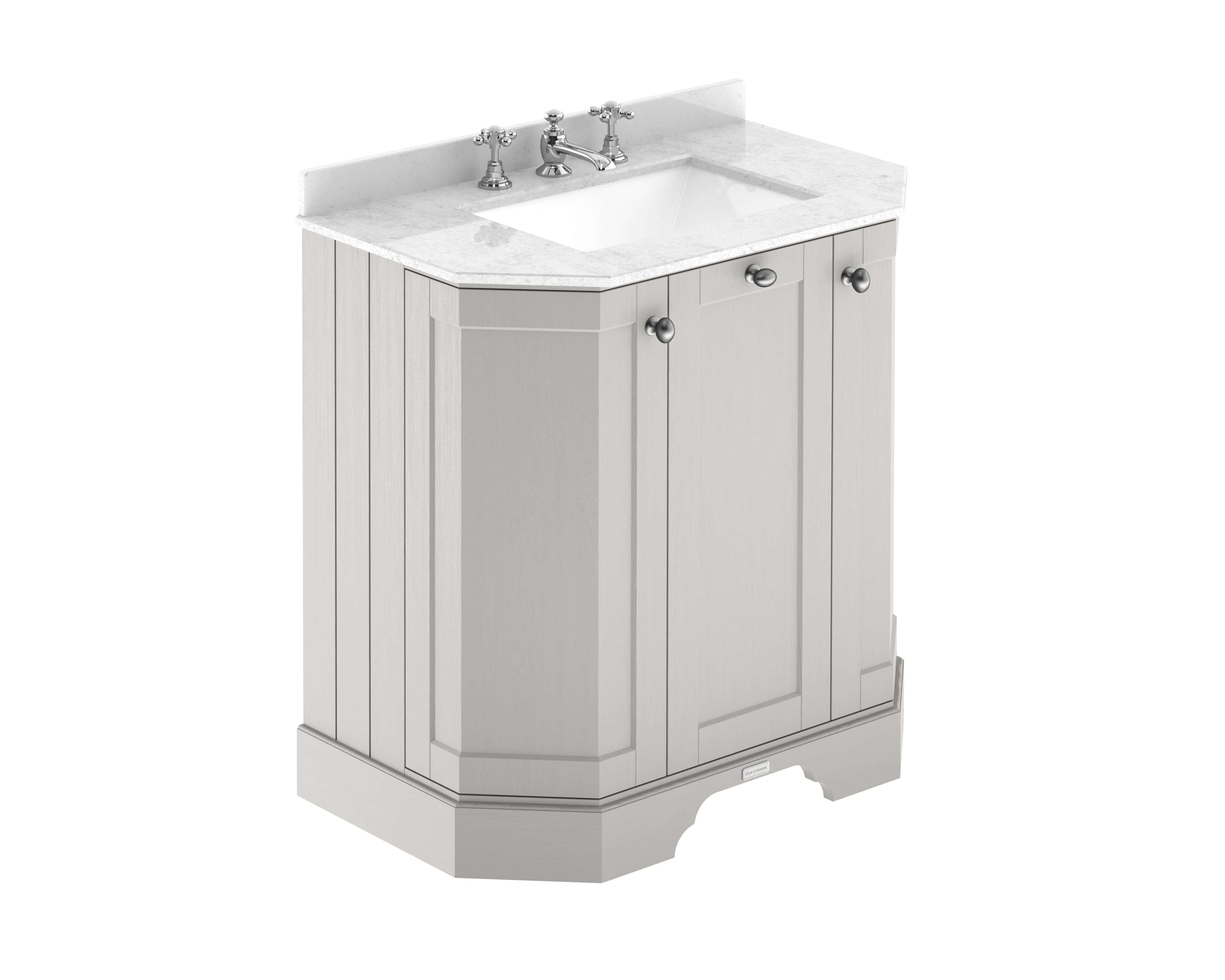 Shaker bathroom vanity unit with marble effect countertop and ceramic sink. Elegant grey finish suits modern and traditional bathrooms. Includes storage space with cupboard doors and decorative knobs.