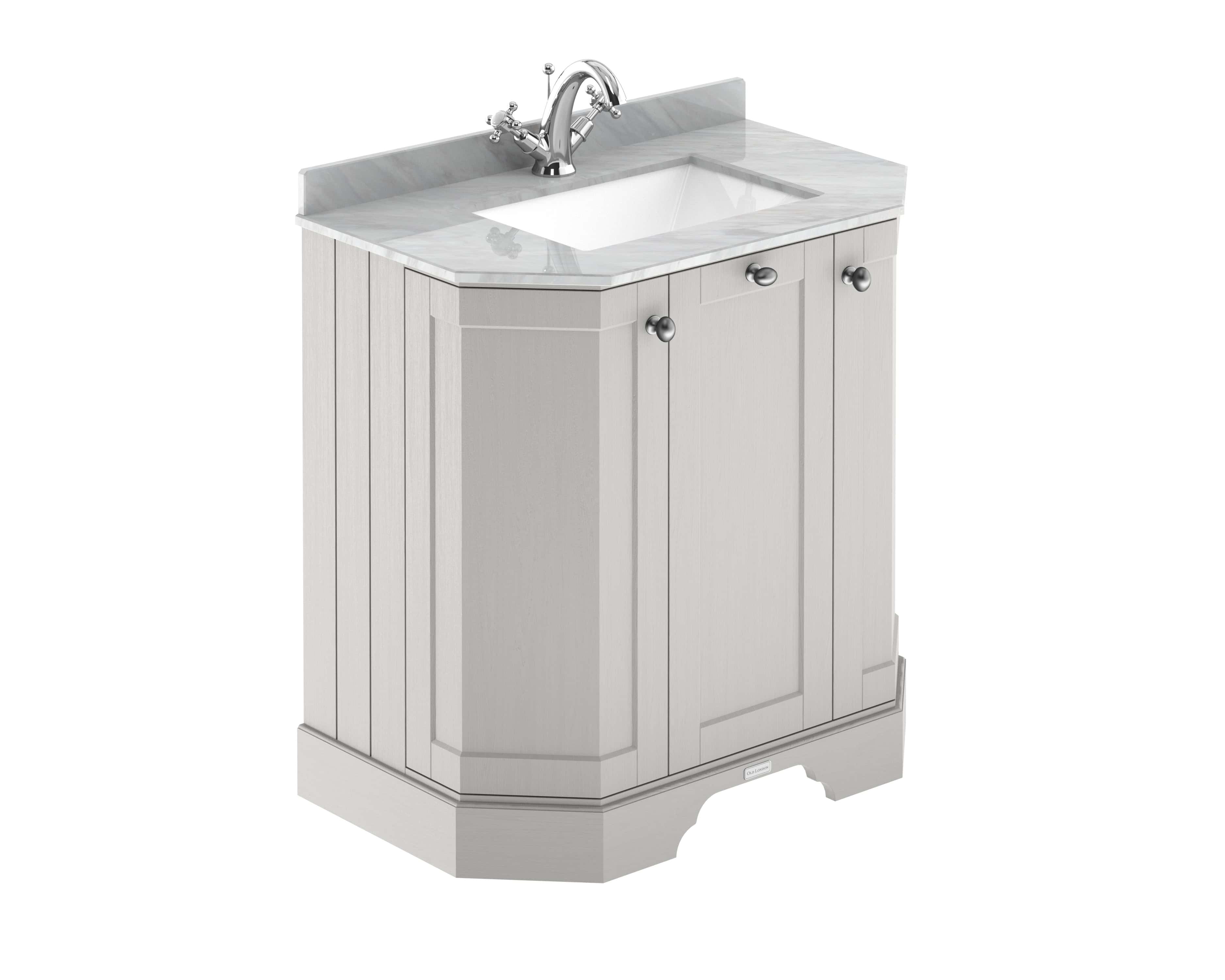 Sleek grey bathroom vanity unit with marble countertop and integrated sink, featuring chrome faucet and storage cabinets for modern bathroom organisation.