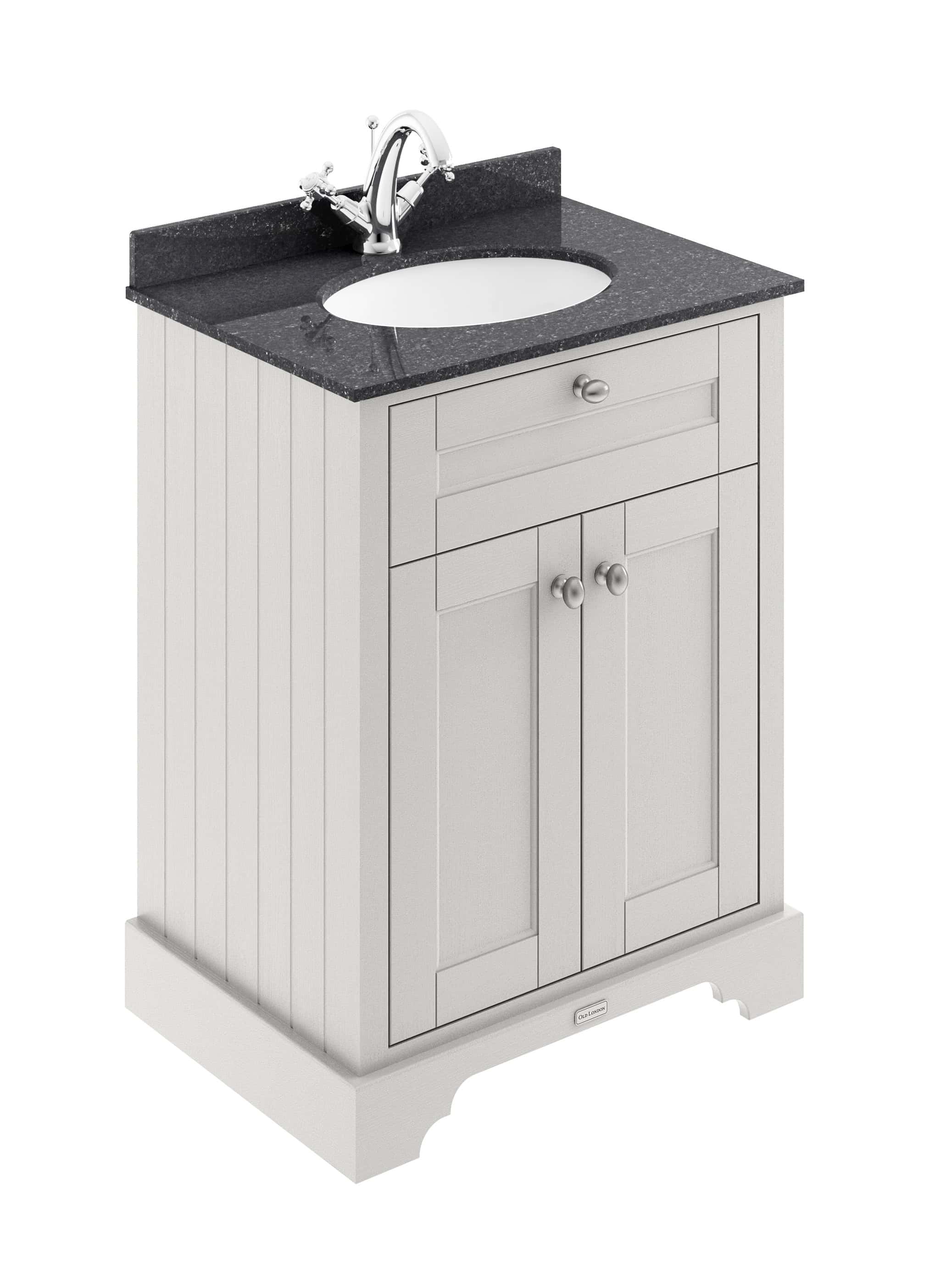 Sleek bathroom vanity unit with black granite countertop and white wooden cabinet, featuring a ceramic basin and traditional chrome tap, perfect for modern bathroom decor.