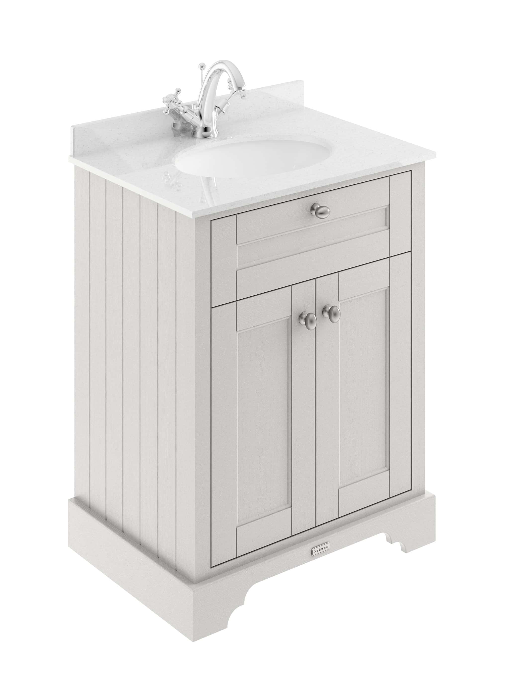 Shaker style bathroom vanity with white countertop, integrated sink, and chrome fixtures. Perfect for modern and classic bathroom decor, combining functionality with elegant design.