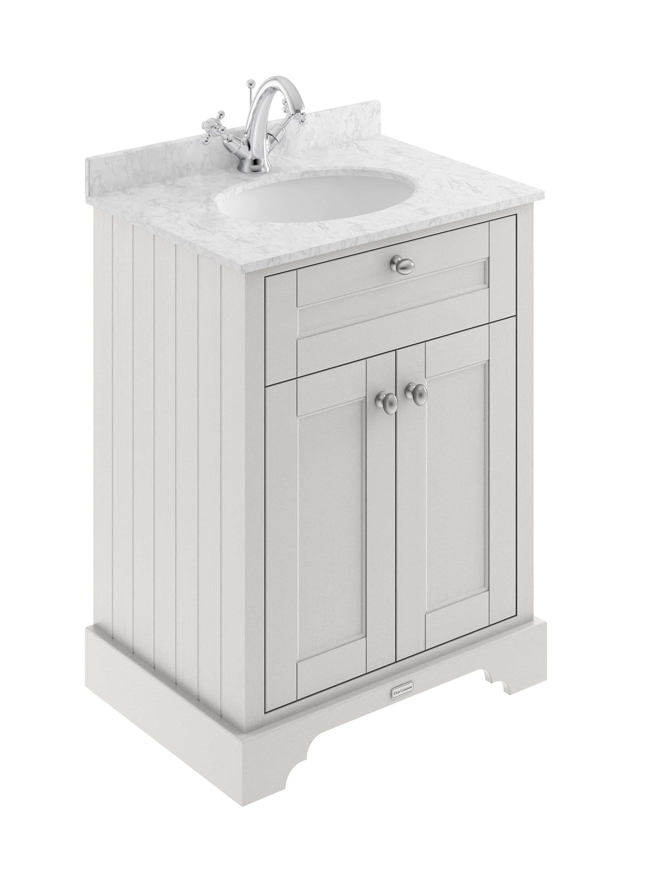 Shabby chic bathroom vanity unit with marble top, chrome mixer tap and storage drawers in light grey finish. Perfect for classic and vintage styled bathrooms.