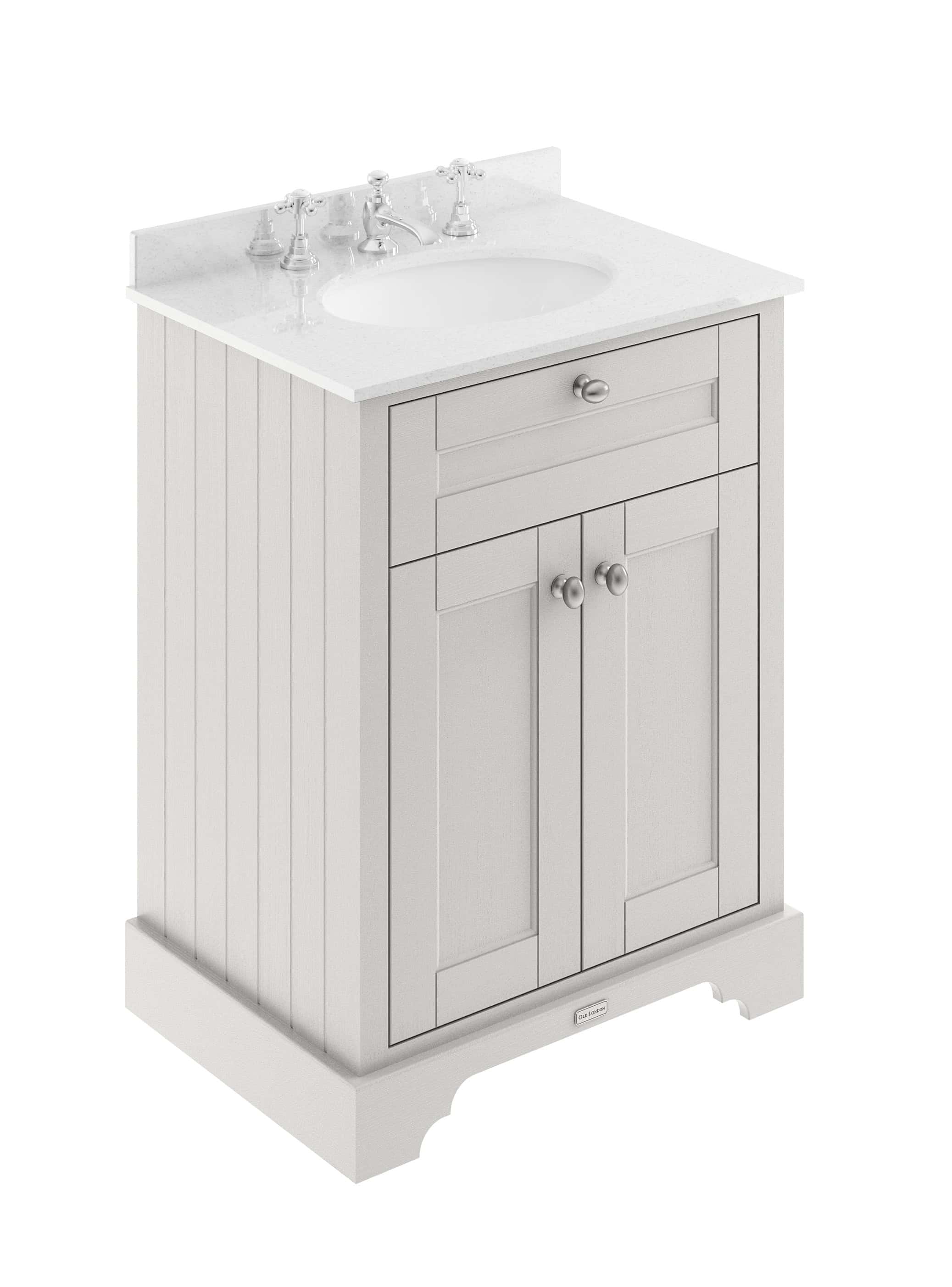 Vintage style white bathroom vanity with countertop and basin, featuring traditional brass fixtures, ideal for classic bathroom decor and bathroom renovation projects.