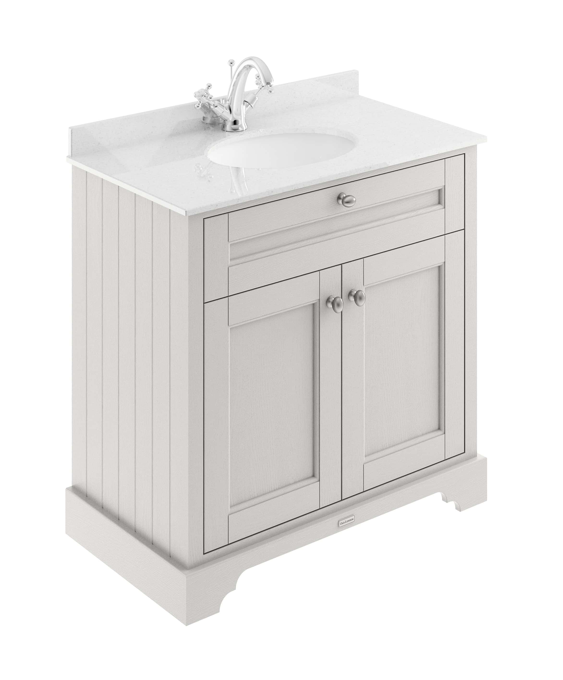 Polished white bathroom vanity with integrated sink and chrome faucet, ideal for modern bathroom renovation and cabinetry.