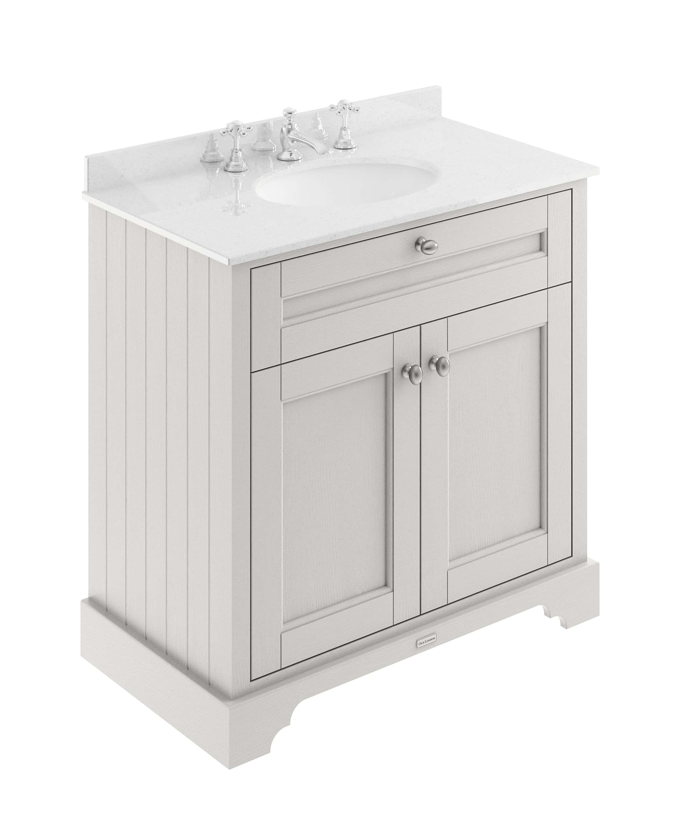 Classic white bathroom vanity with elegant beadboard detailing, integrated storage, and a polished stone countertop with a built-in sink, perfect for modern bathroom renovations.