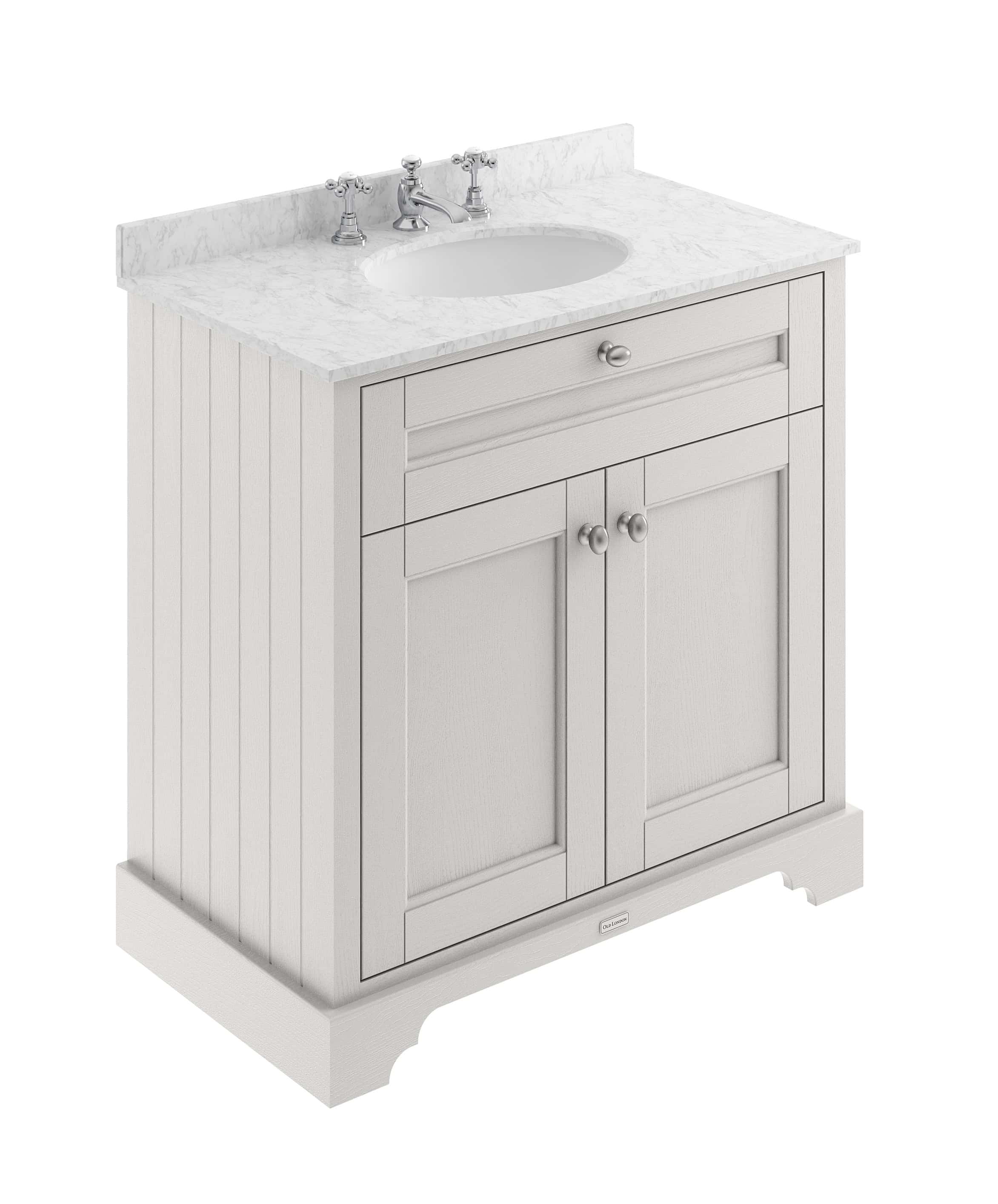Elegant bathroom vanity with a white marble countertop and classic design, perfect for modern or traditional bathroom remodels. Features durable cabinetry and stylish hardware.