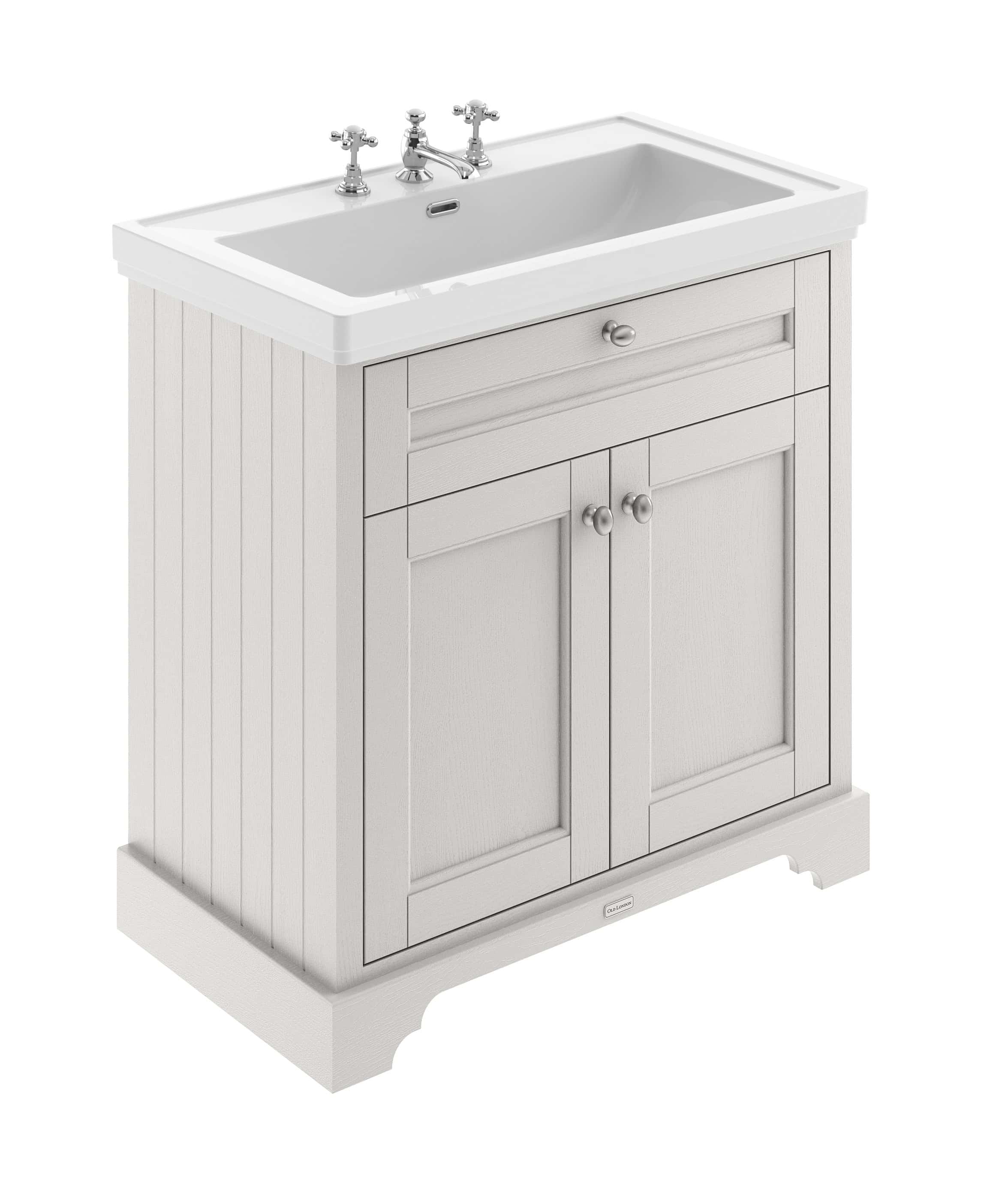 Polished white bathroom vanity with ceramic sink, traditional style, wooden cabinet with storage drawers, suitable for classic bathroom decor.