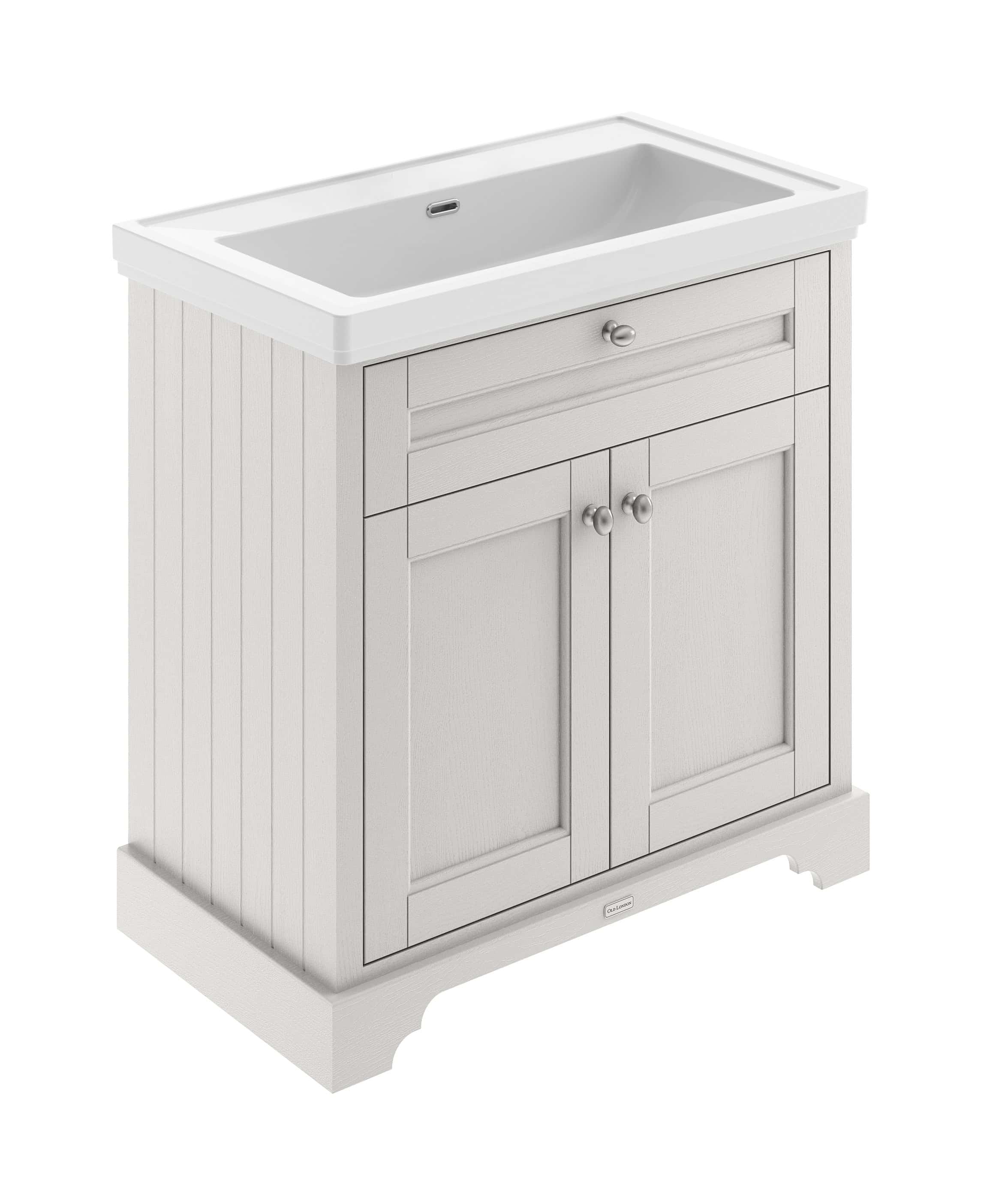 Elegant bathroom vanity with integrated sink, featuring classic design and storage, ideal for modern and traditional bathrooms.