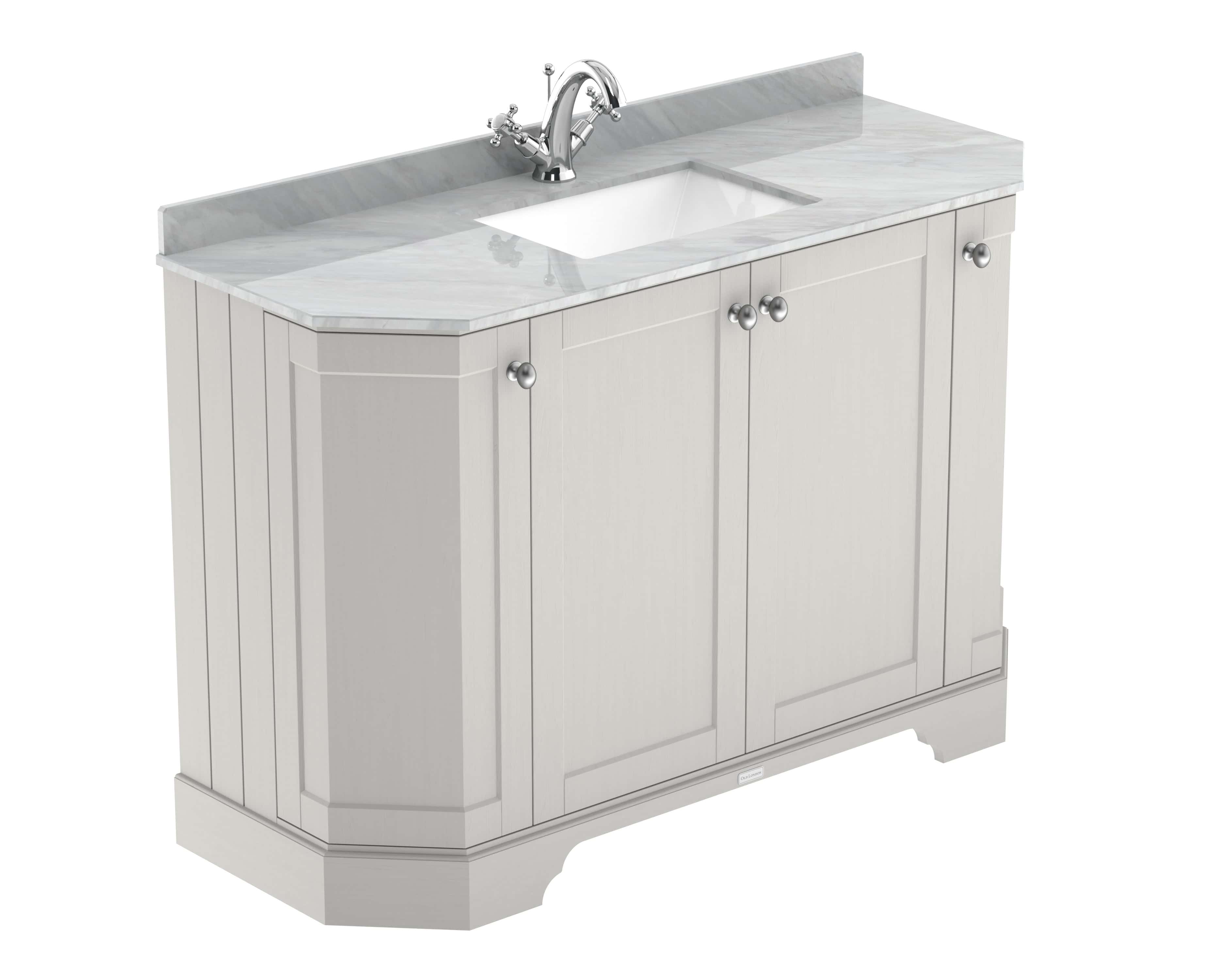 Polished white bathroom vanity unit with marble top, integrated sink and chrome taps, ideal for elegant bathroom or en-suite refurbishment.