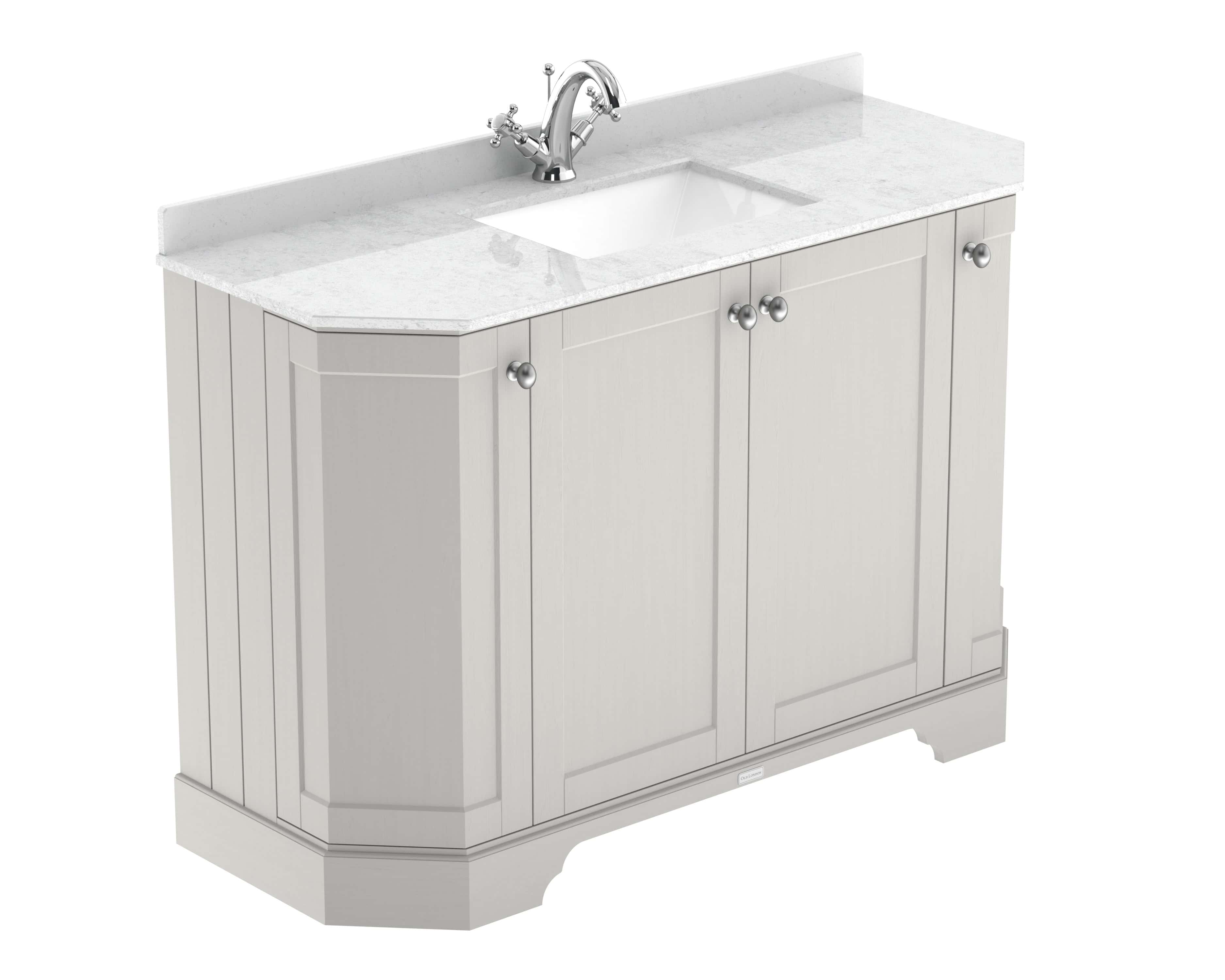 Polished white bathroom vanity with marble countertop and undermount sink, featuring classic beadboard design and chrome handles, ideal for traditional and modern bathrooms.