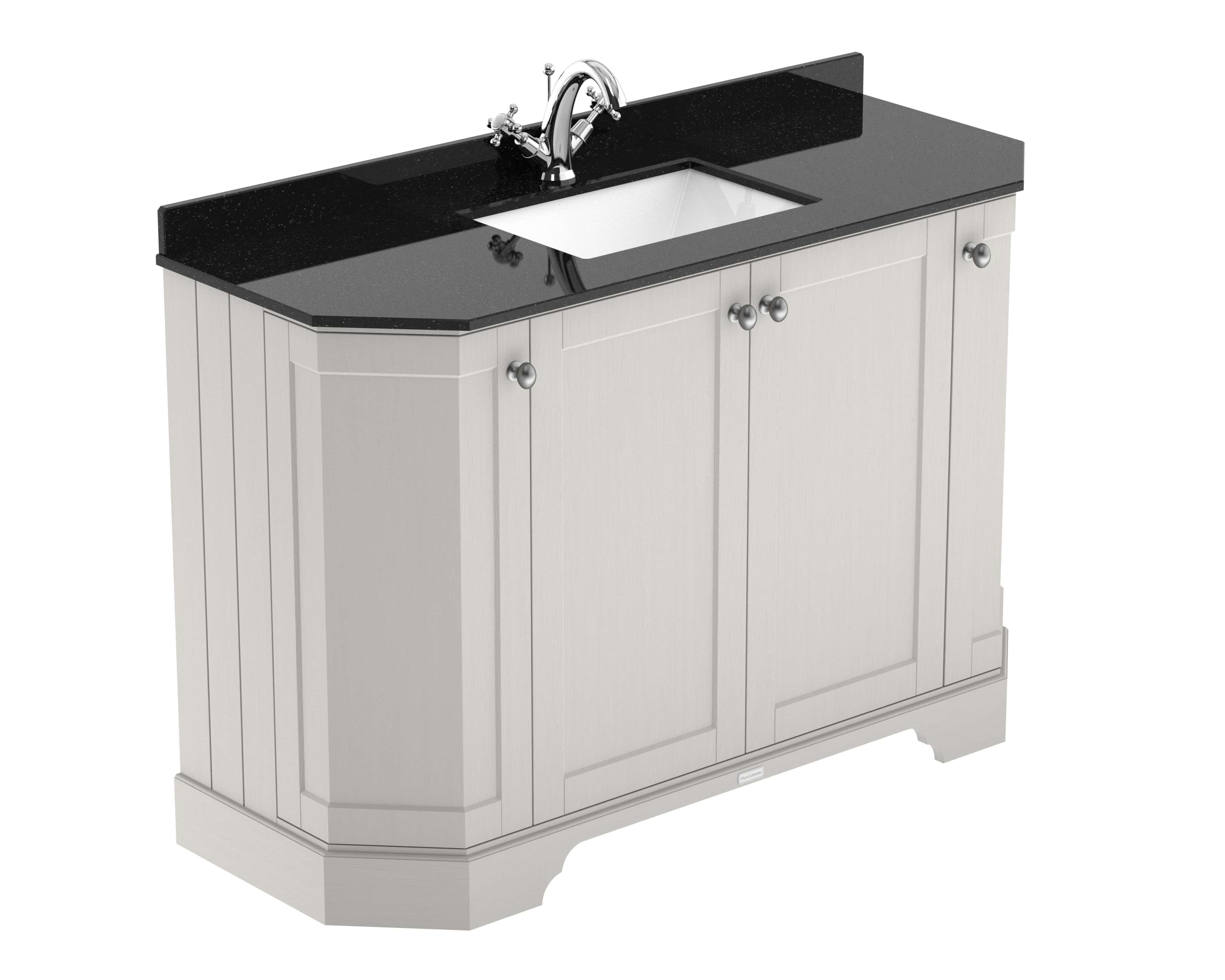 Sleek white bathroom vanity with black granite countertop and integrated sink, perfect for modern bathroom spaces. Features durable cabinetry with metallic knobs for ample storage.