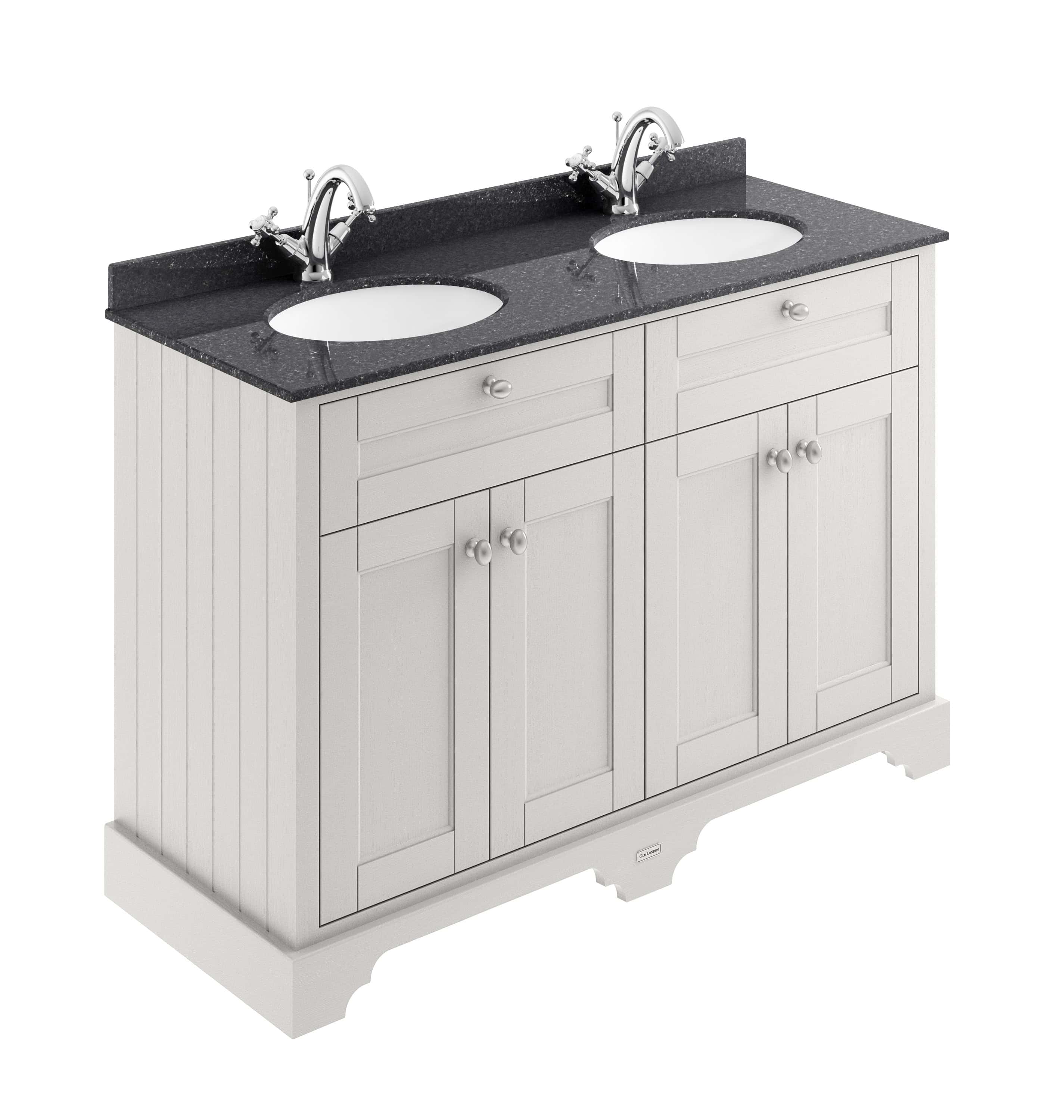 Double bathroom vanity with black granite countertop, twin sinks, and classic white wooden cabinetry. Perfect for stylish and functional bathroom design.